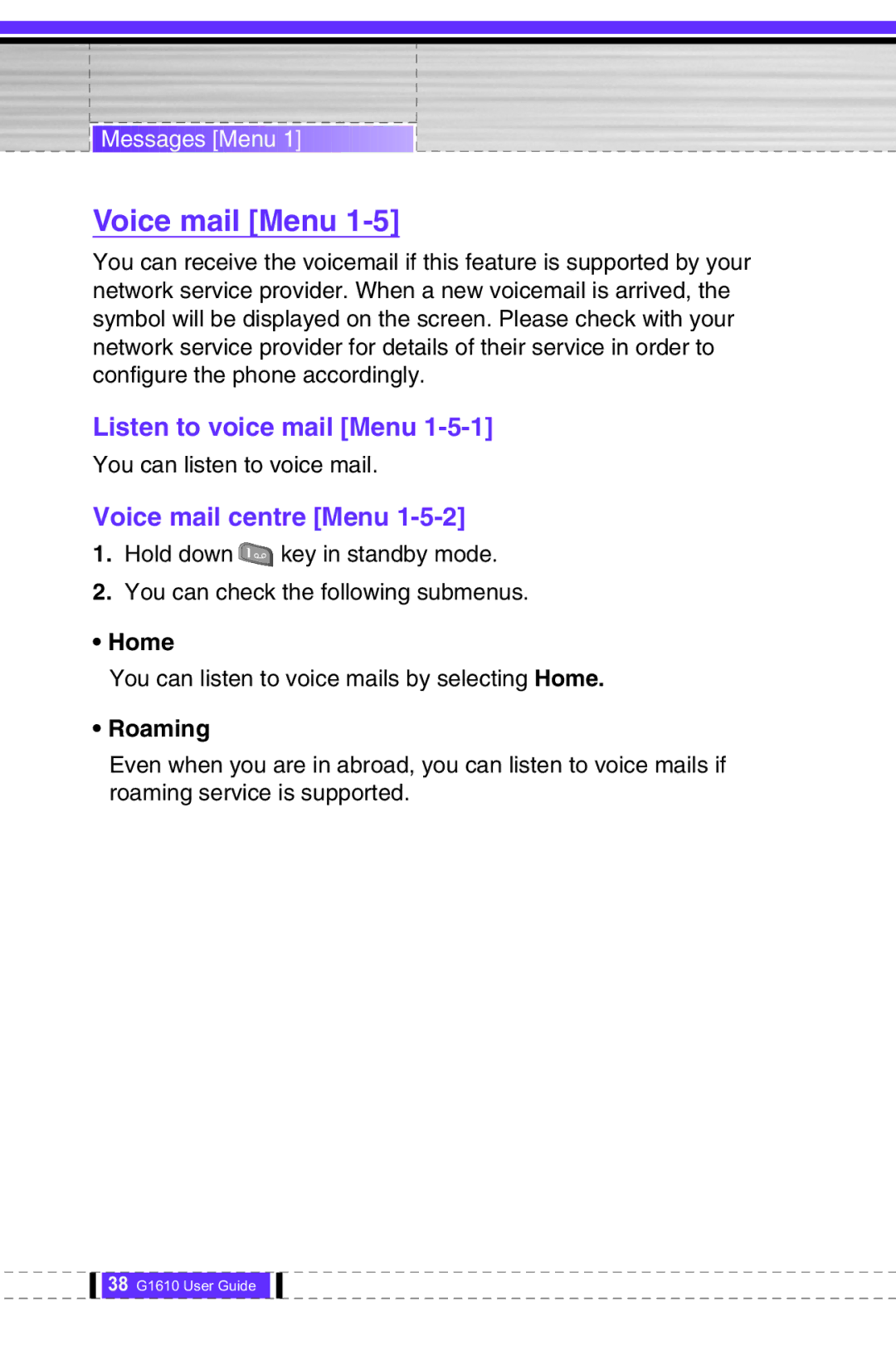 LG Electronics G1610 user manual Voice mail Menu, Listen to voice mail Menu, Voice mail centre Menu, Home, Roaming 