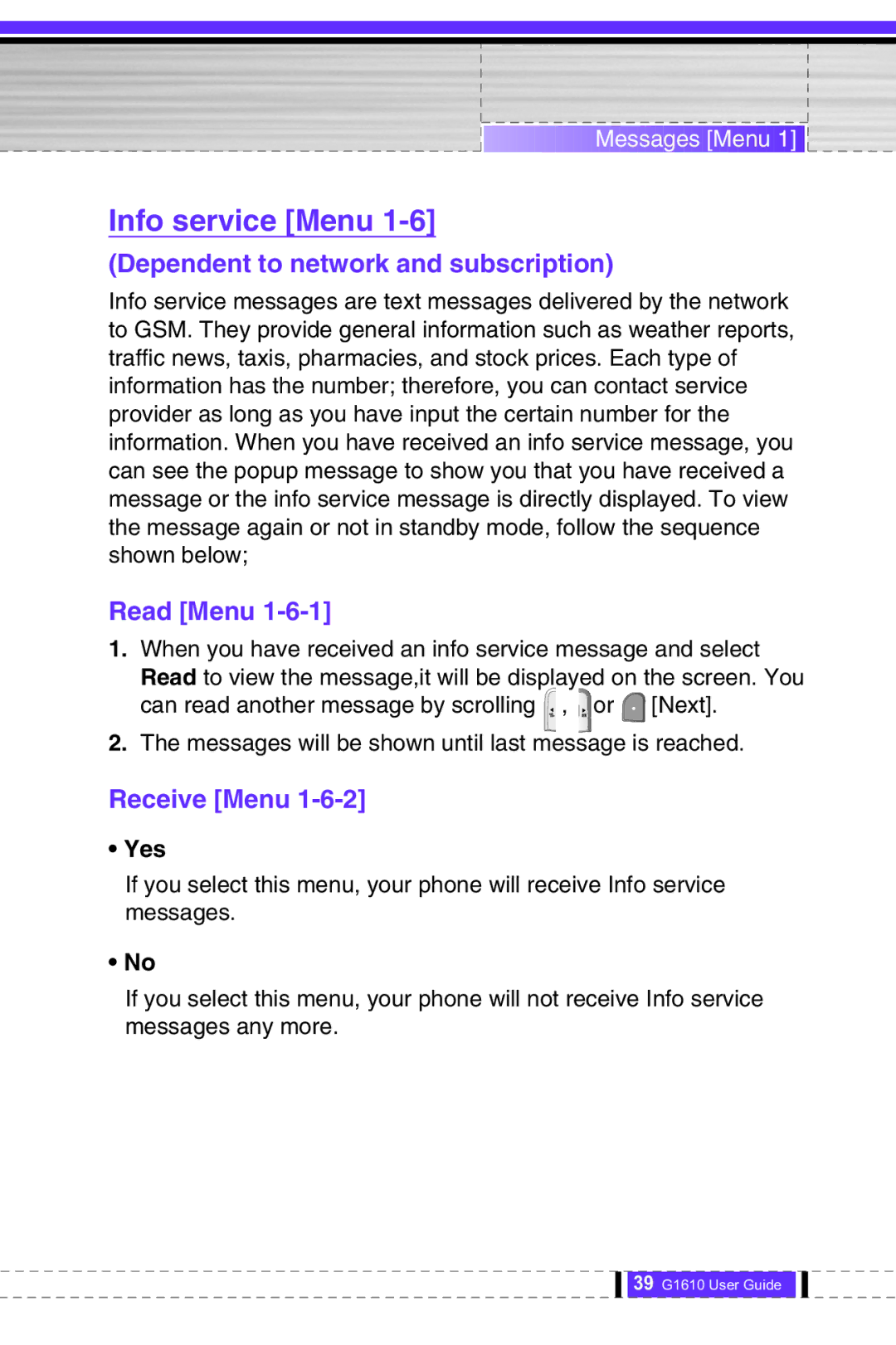 LG Electronics G1610 user manual Info service Menu, Dependent to network and subscription, Read Menu, Receive Menu, Yes 