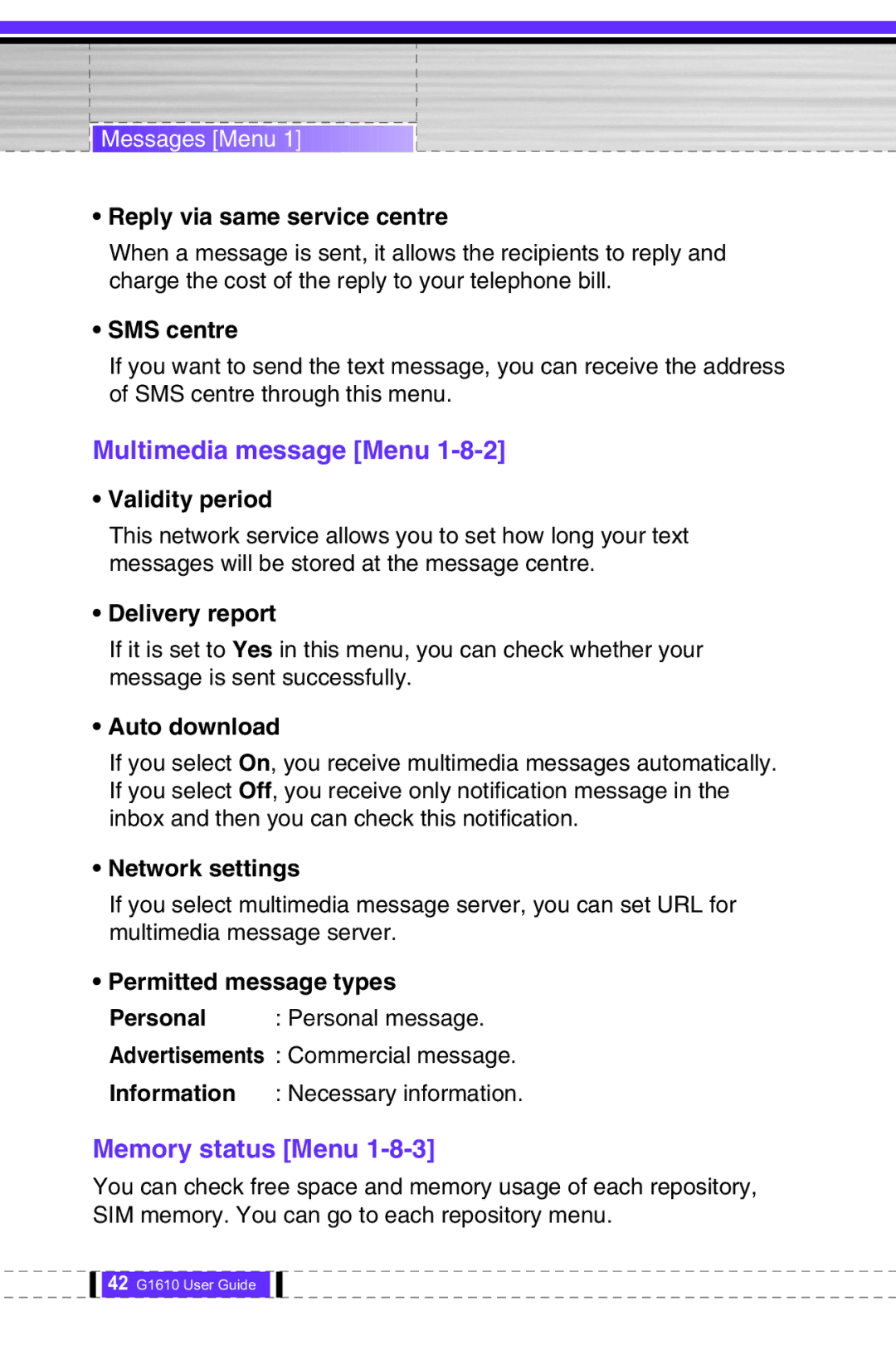 LG Electronics G1610 user manual Multimedia message Menu, Memory status Menu 