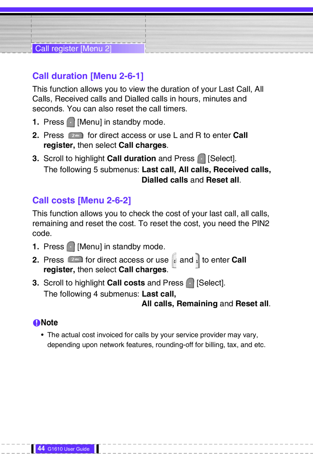 LG Electronics G1610 user manual Call duration Menu, Call costs Menu, Register, then select Call charges 