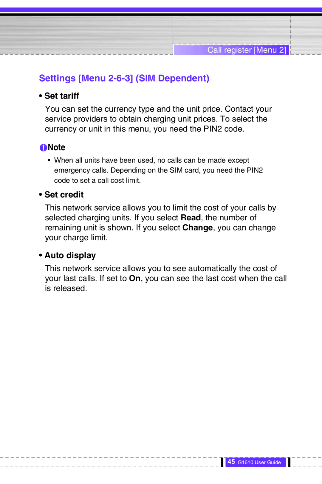 LG Electronics G1610 user manual Settings Menu 2-6-3 SIM Dependent, Set tariff, Set credit, Auto display 