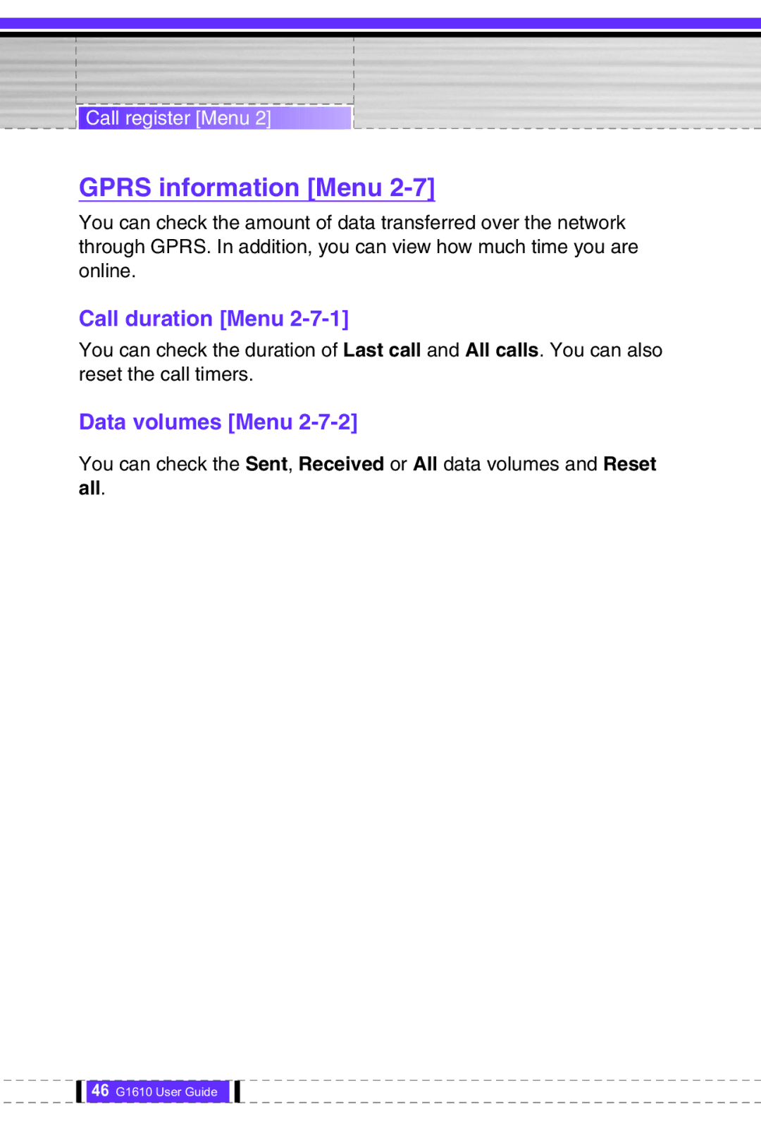 LG Electronics G1610 user manual Gprs information Menu, Data volumes Menu, All 