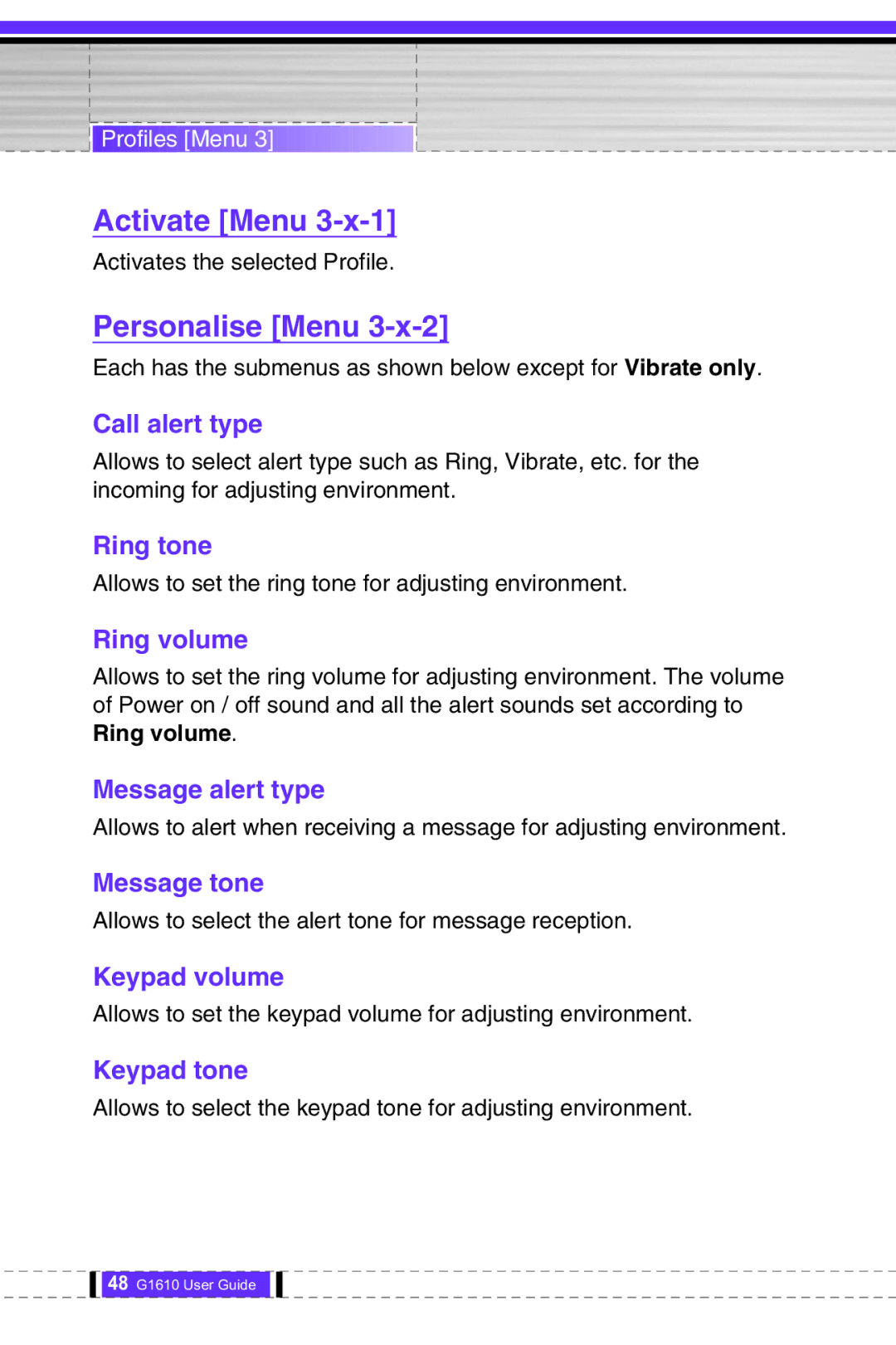 LG Electronics G1610 user manual Activate Menu, Personalise Menu 