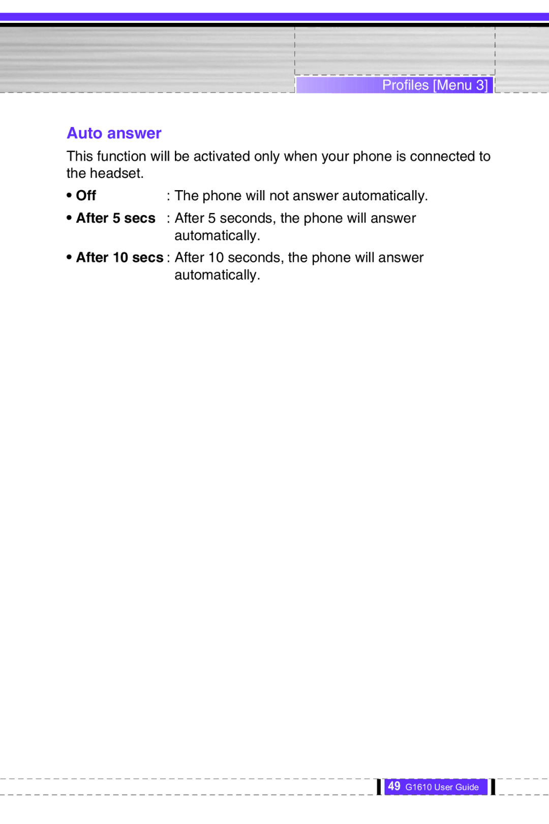 LG Electronics G1610 user manual Auto answer, Off 