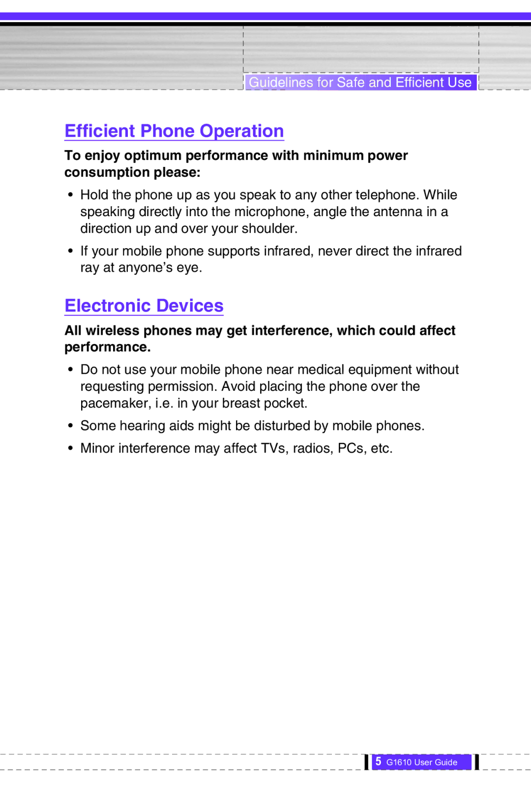 LG Electronics G1610 user manual Efficient Phone Operation, Electronic Devices 