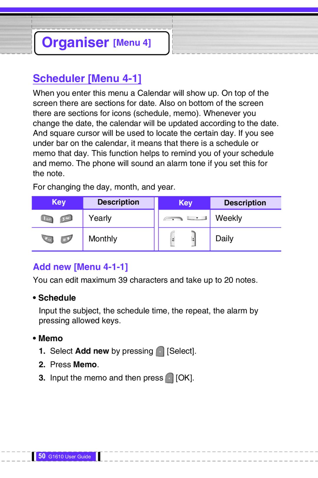 LG Electronics G1610 user manual Organiser Menu, Scheduler Menu, Add new Menu, Memo 