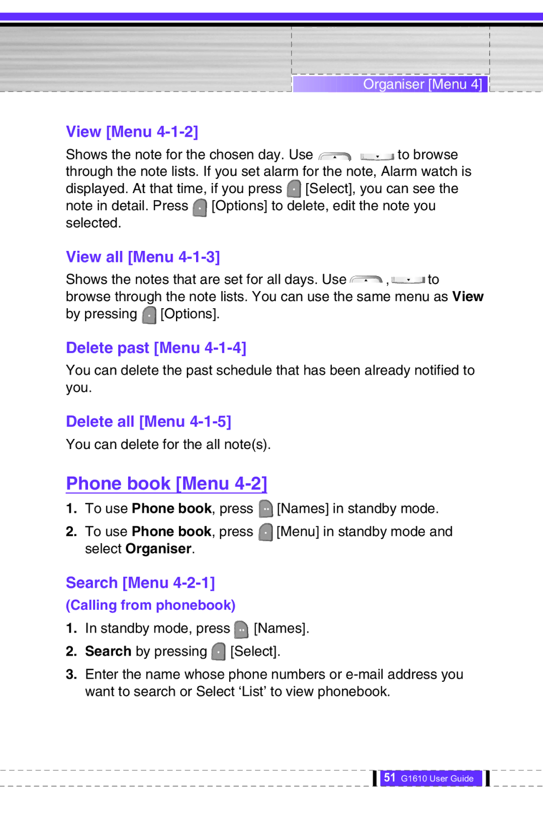 LG Electronics G1610 user manual Phone book Menu 