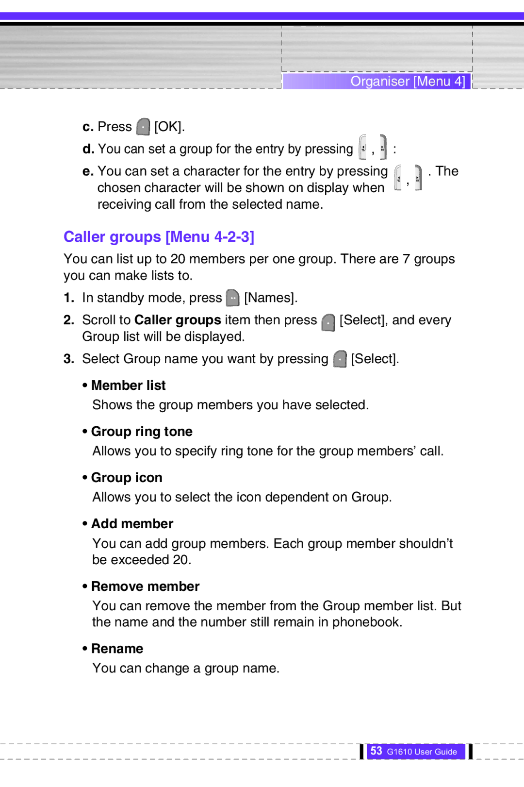 LG Electronics G1610 user manual Caller groups Menu 