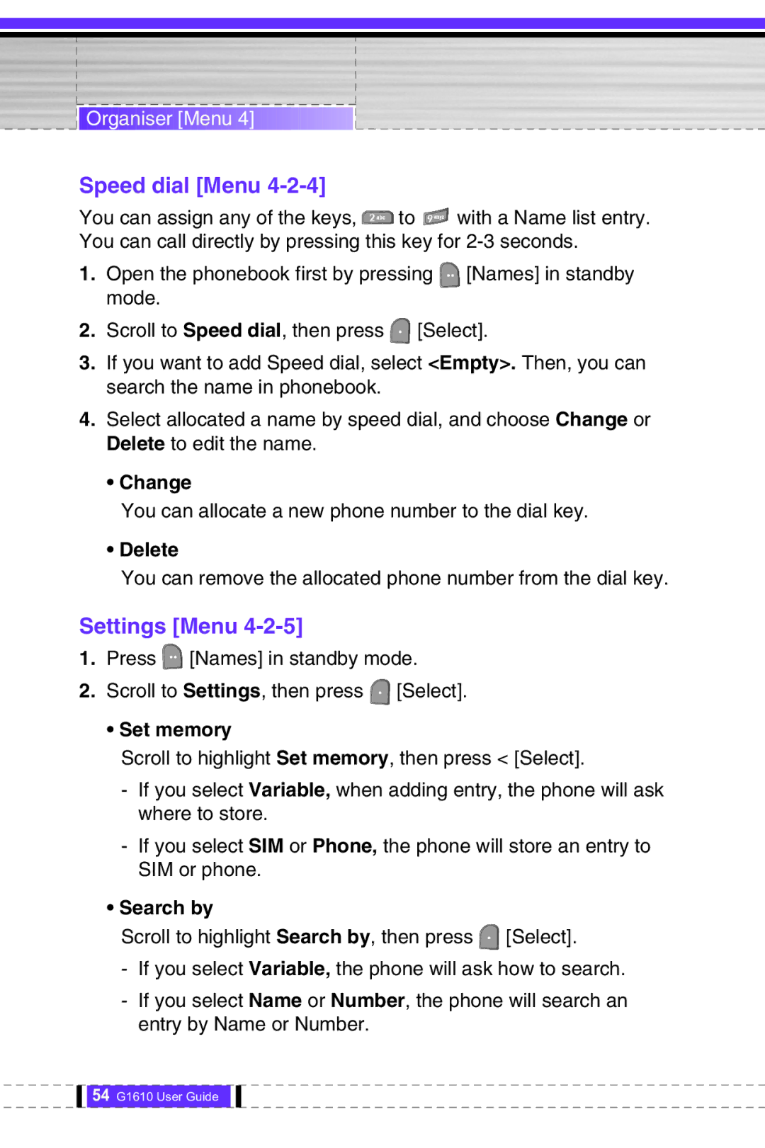 LG Electronics G1610 user manual Speed dial Menu, Settings Menu, Change, Set memory, Search by 