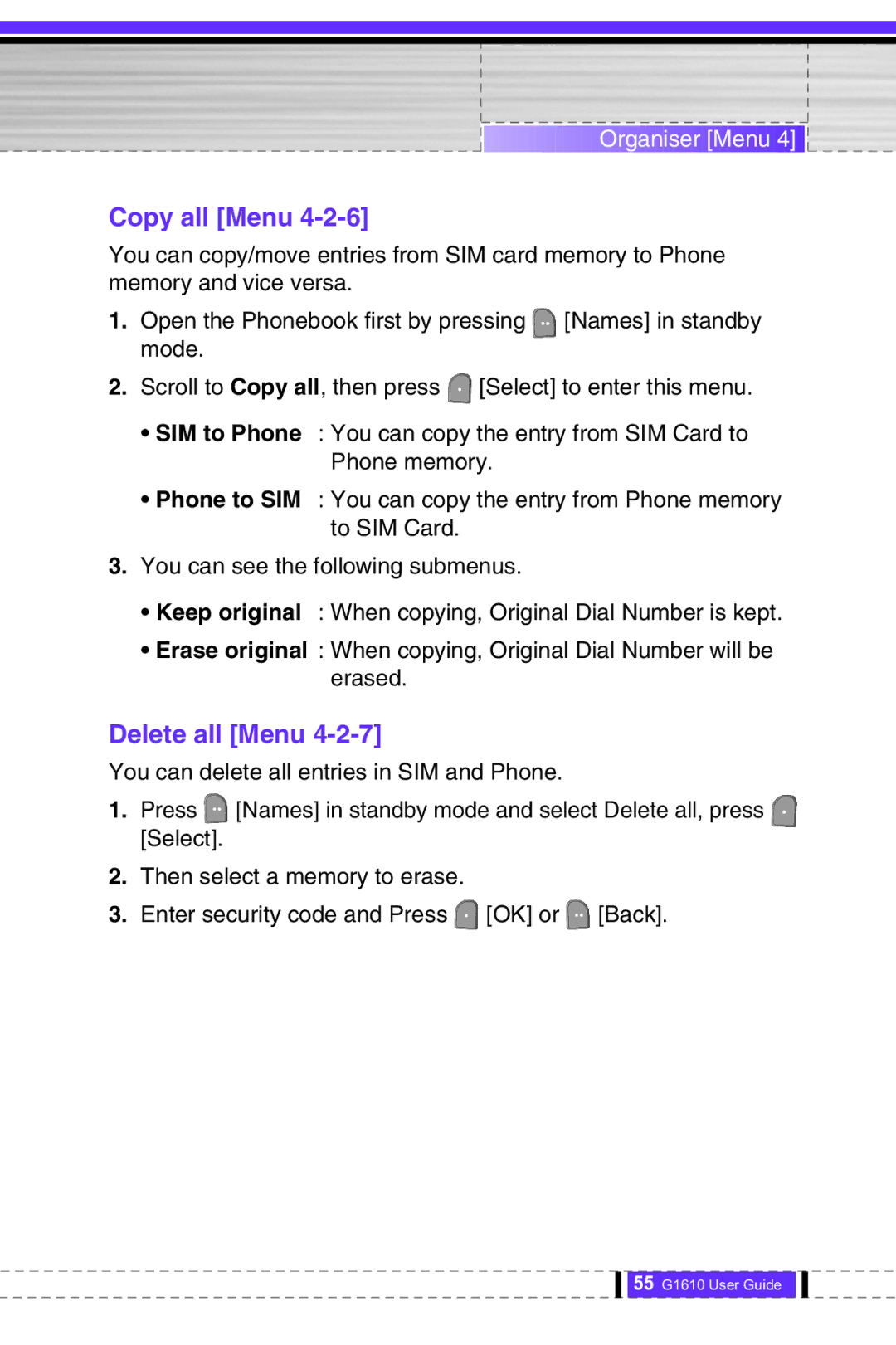 LG Electronics G1610 user manual Copy all Menu, Delete all Menu 