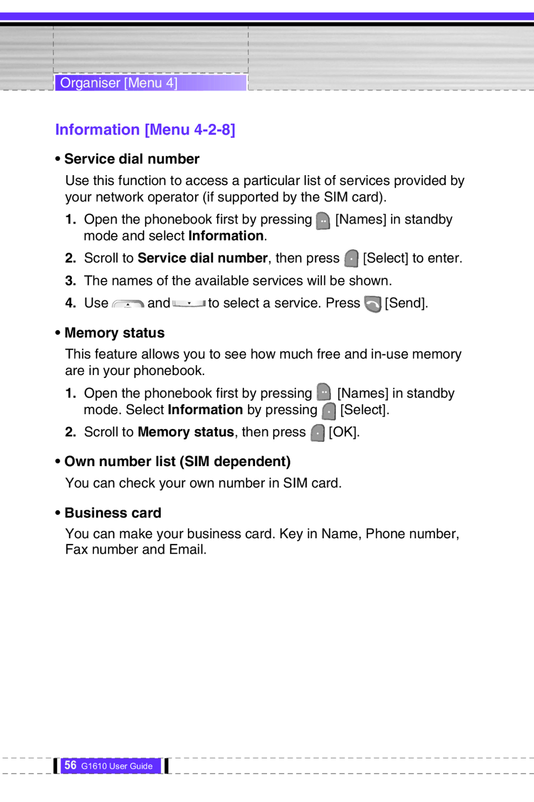 LG Electronics G1610 user manual Information Menu, Service dial number, Memory status, Own number list SIM dependent 