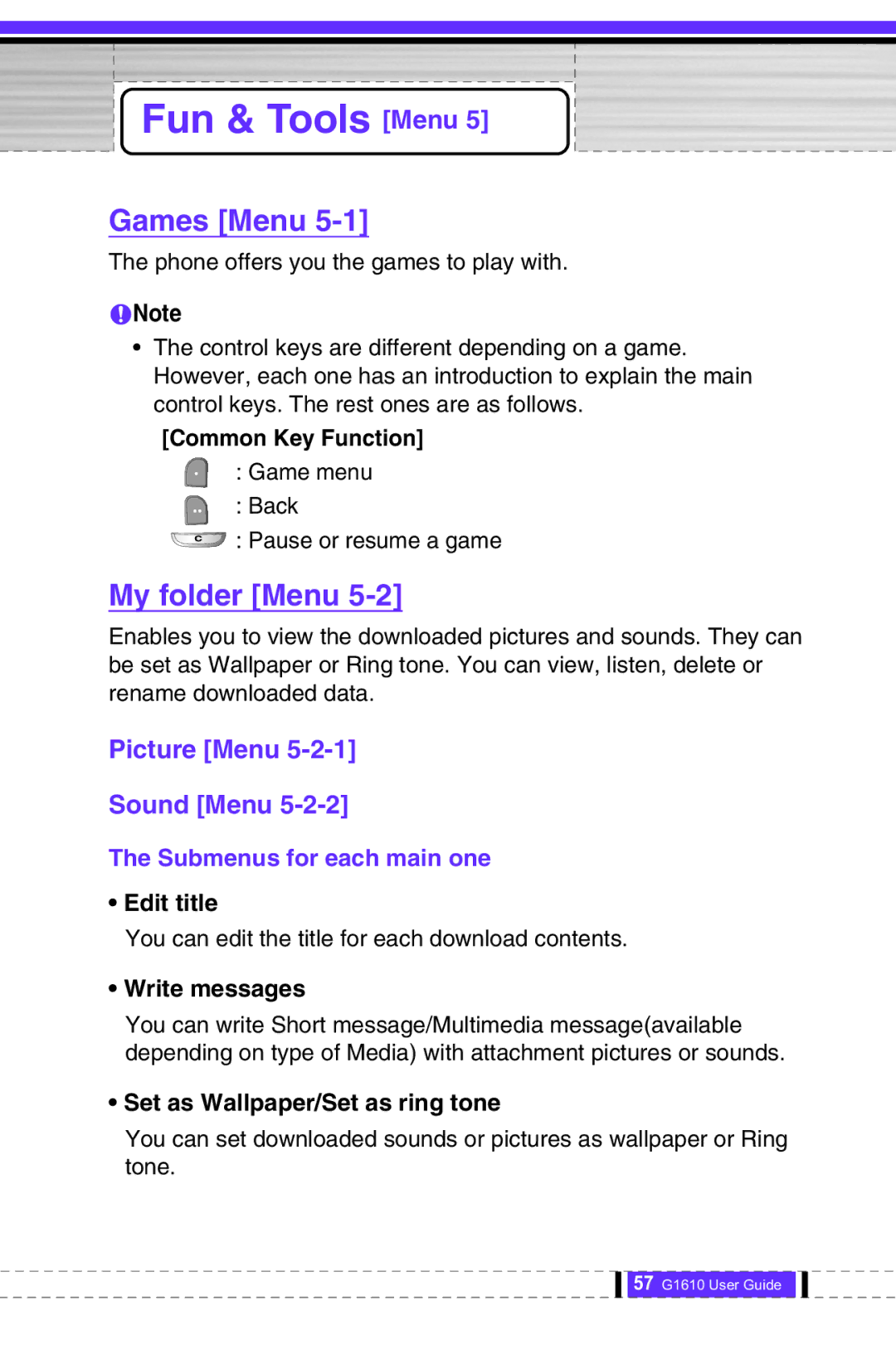 LG Electronics G1610 user manual Fun & Tools Menu, Games Menu, My folder Menu, Picture Menu Sound Menu 