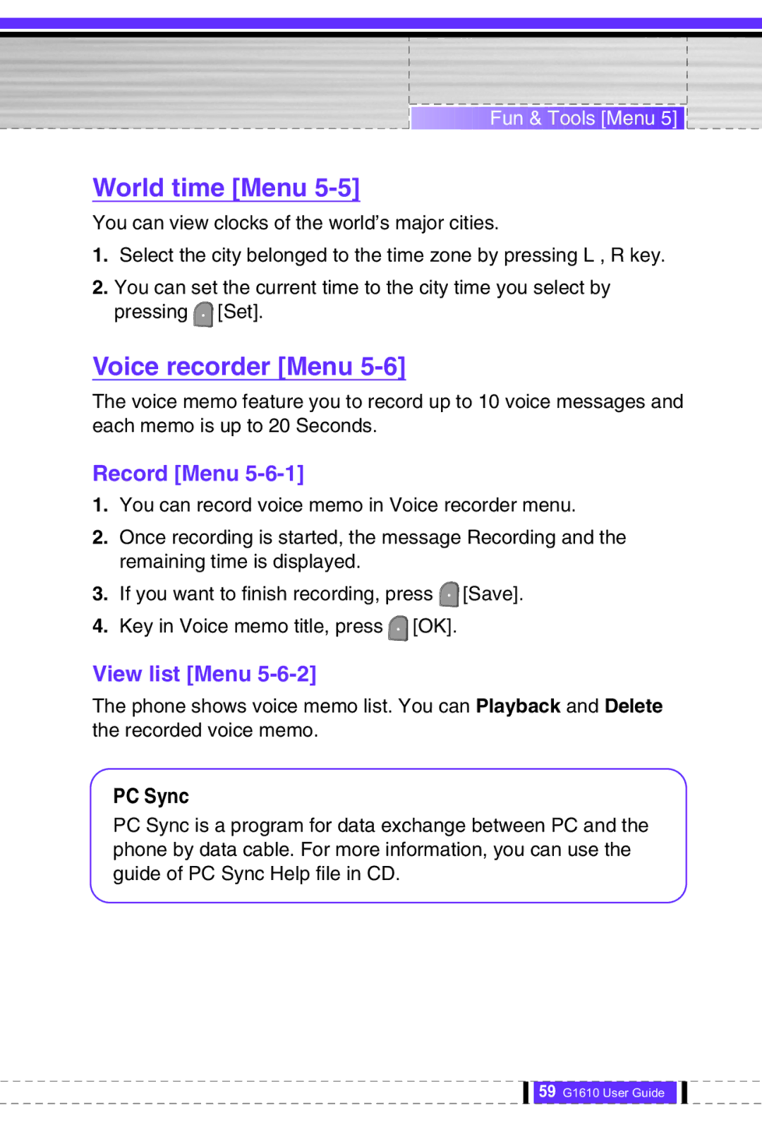 LG Electronics G1610 user manual World time Menu, Voice recorder Menu, Record Menu, View list Menu, PC Sync 