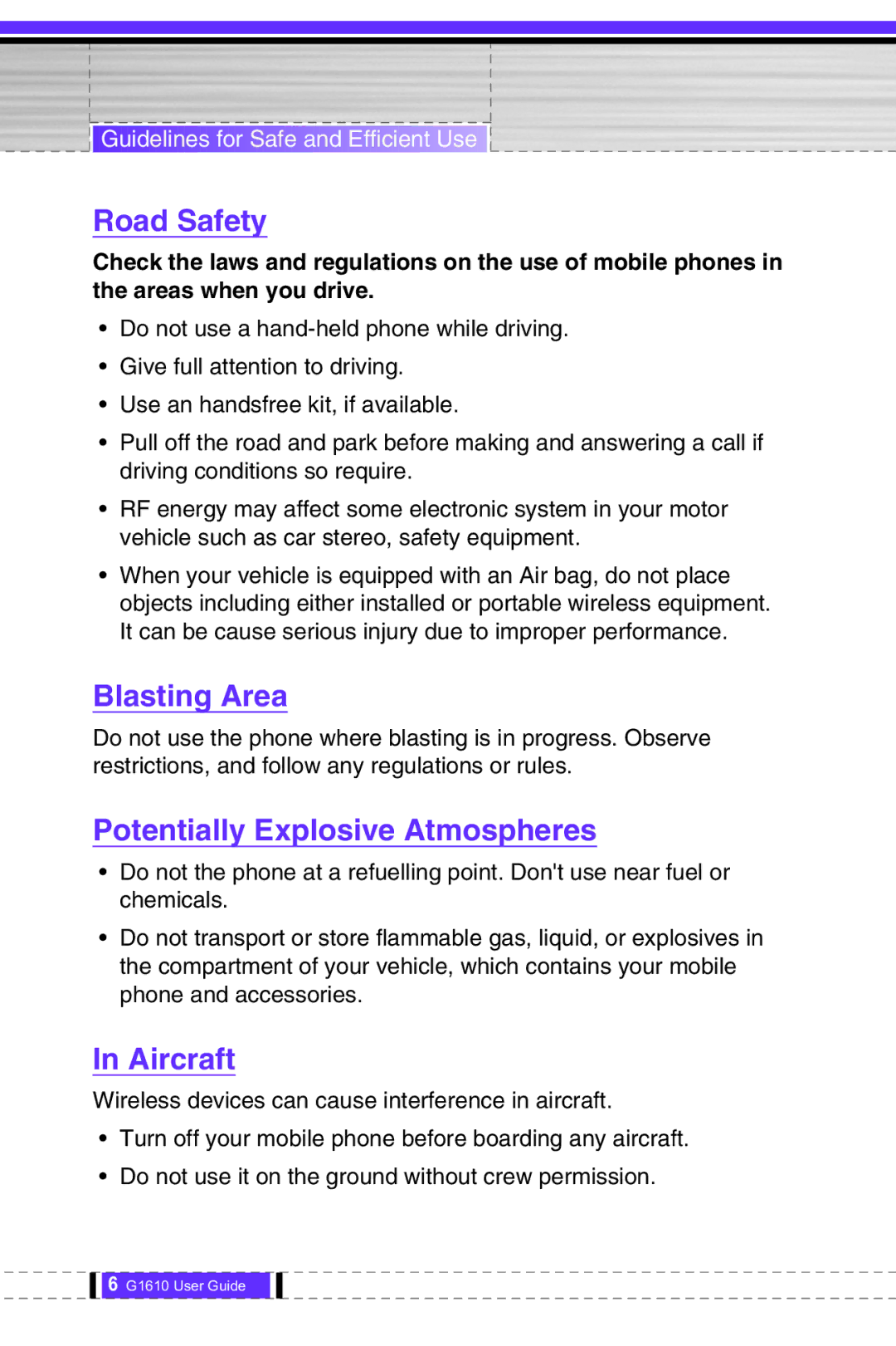 LG Electronics G1610 user manual Road Safety, Blasting Area, Potentially Explosive Atmospheres, Aircraft 