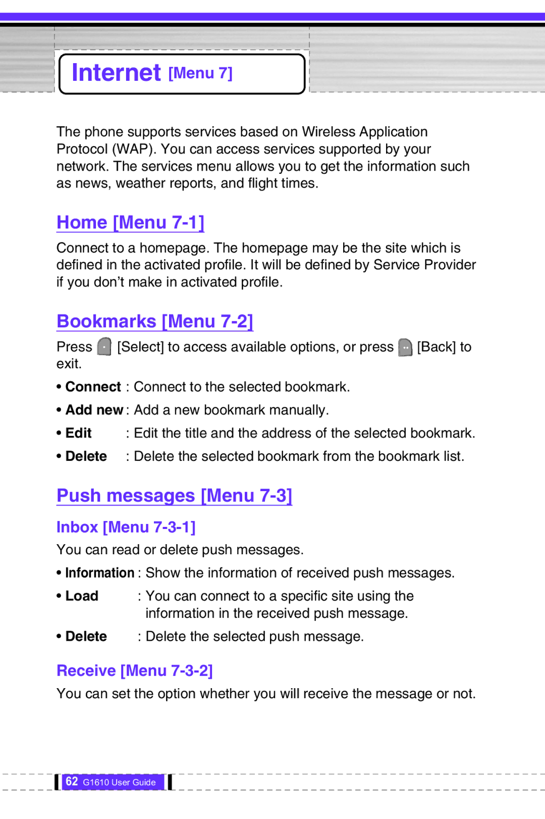 LG Electronics G1610 user manual Internet Menu, Home Menu, Bookmarks Menu, Push messages Menu, Inbox Menu 