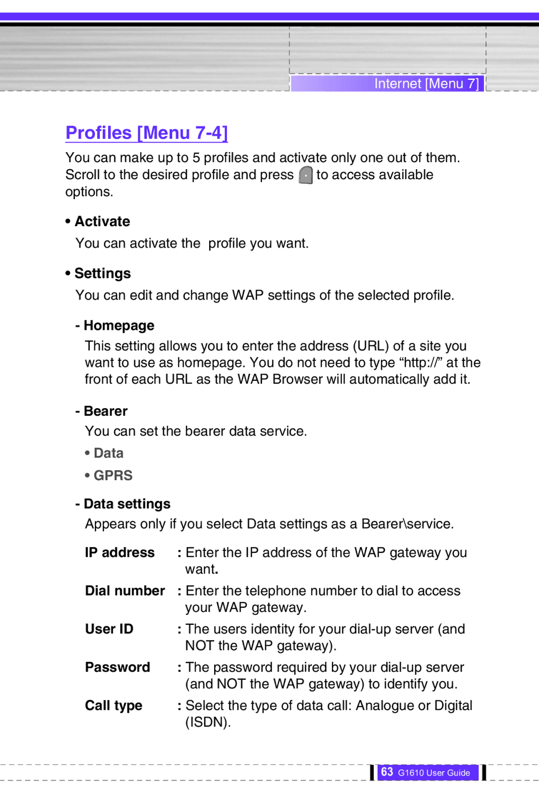 LG Electronics G1610 user manual Profiles Menu 