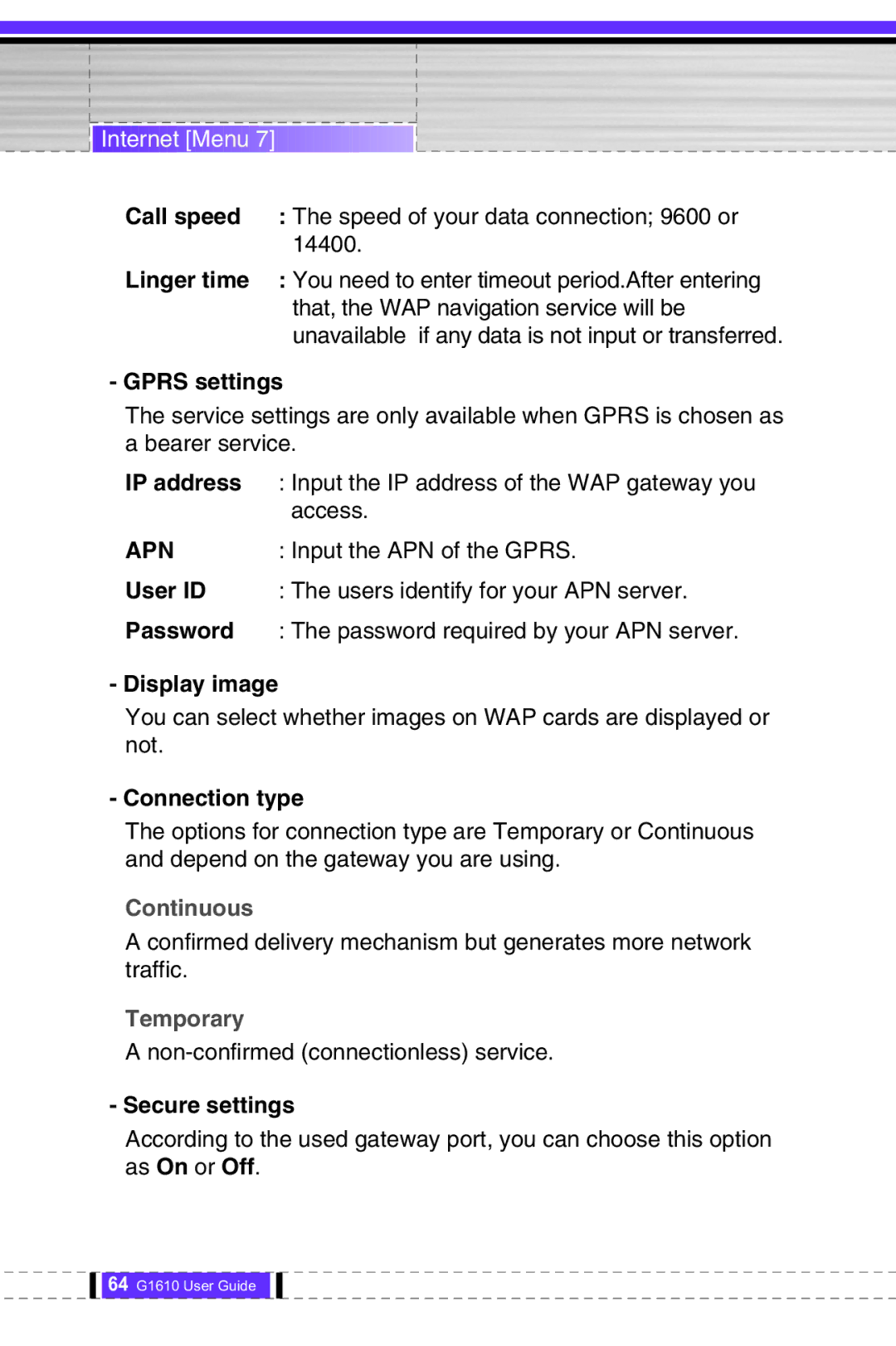 LG Electronics G1610 Gprs settings, Input the APN of the Gprs, User ID Users identify for your APN server Password 