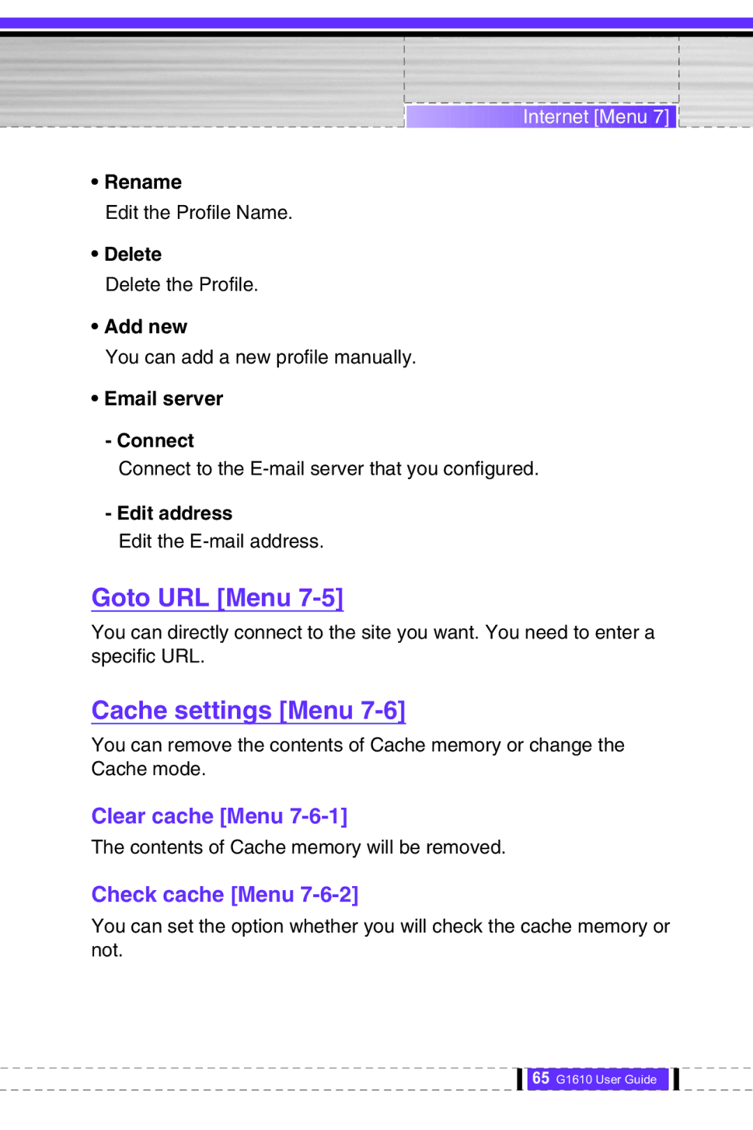 LG Electronics G1610 user manual Goto URL Menu, Cache settings Menu, Clear cache Menu, Check cache Menu 