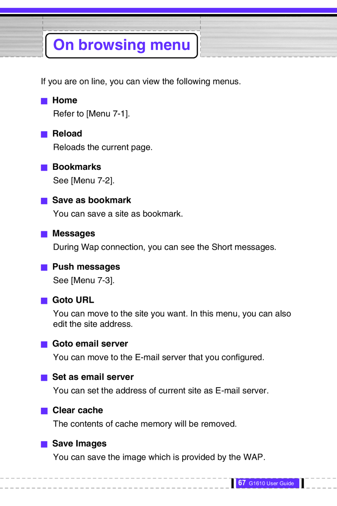 LG Electronics G1610 user manual On browsing menu 