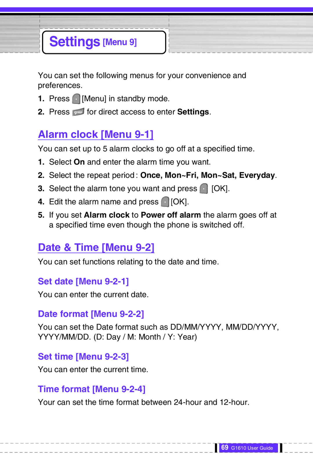 LG Electronics G1610 user manual Settings Menu, Alarm clock Menu, Date & Time Menu 