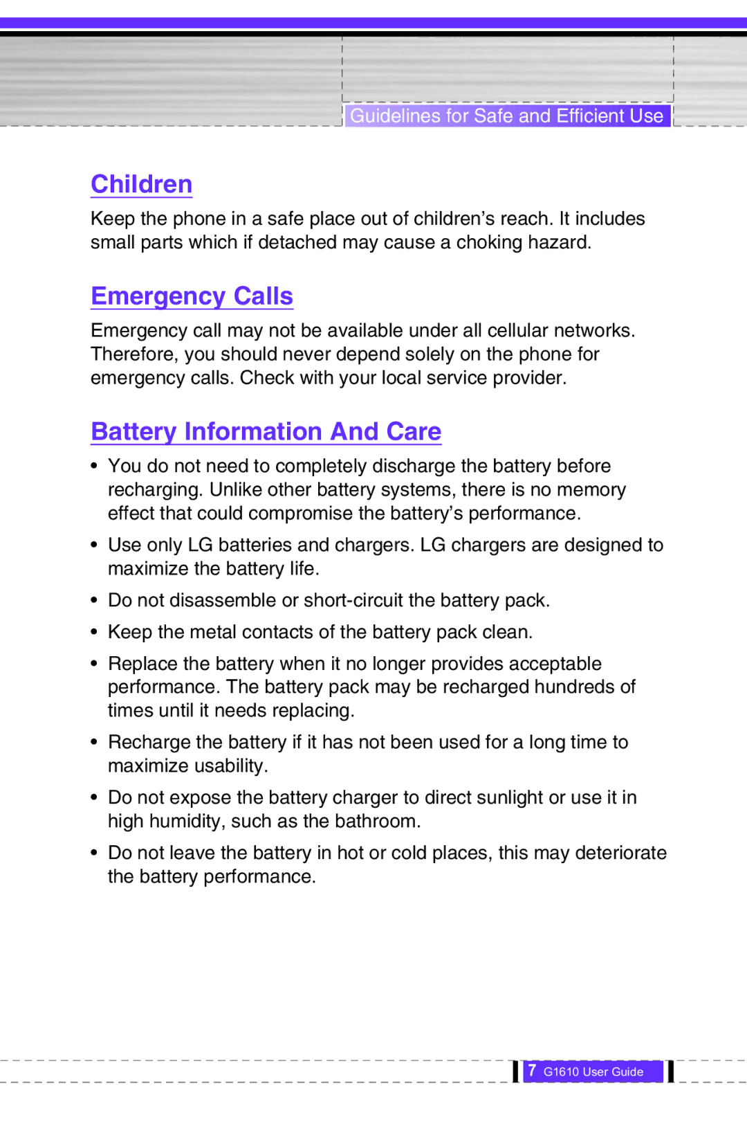 LG Electronics G1610 user manual Children, Emergency Calls, Battery Information And Care 