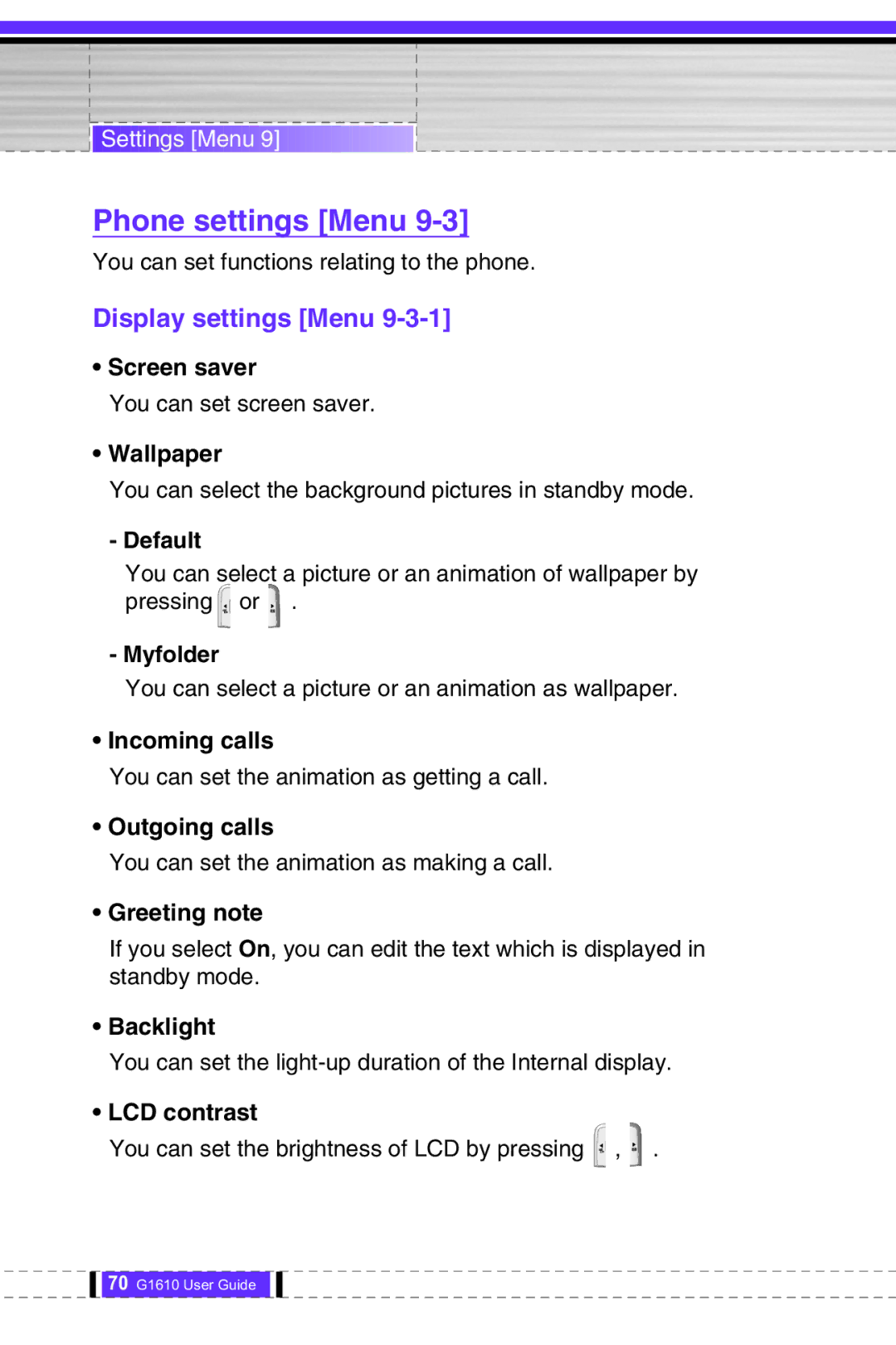 LG Electronics G1610 user manual Phone settings Menu, Display settings Menu 