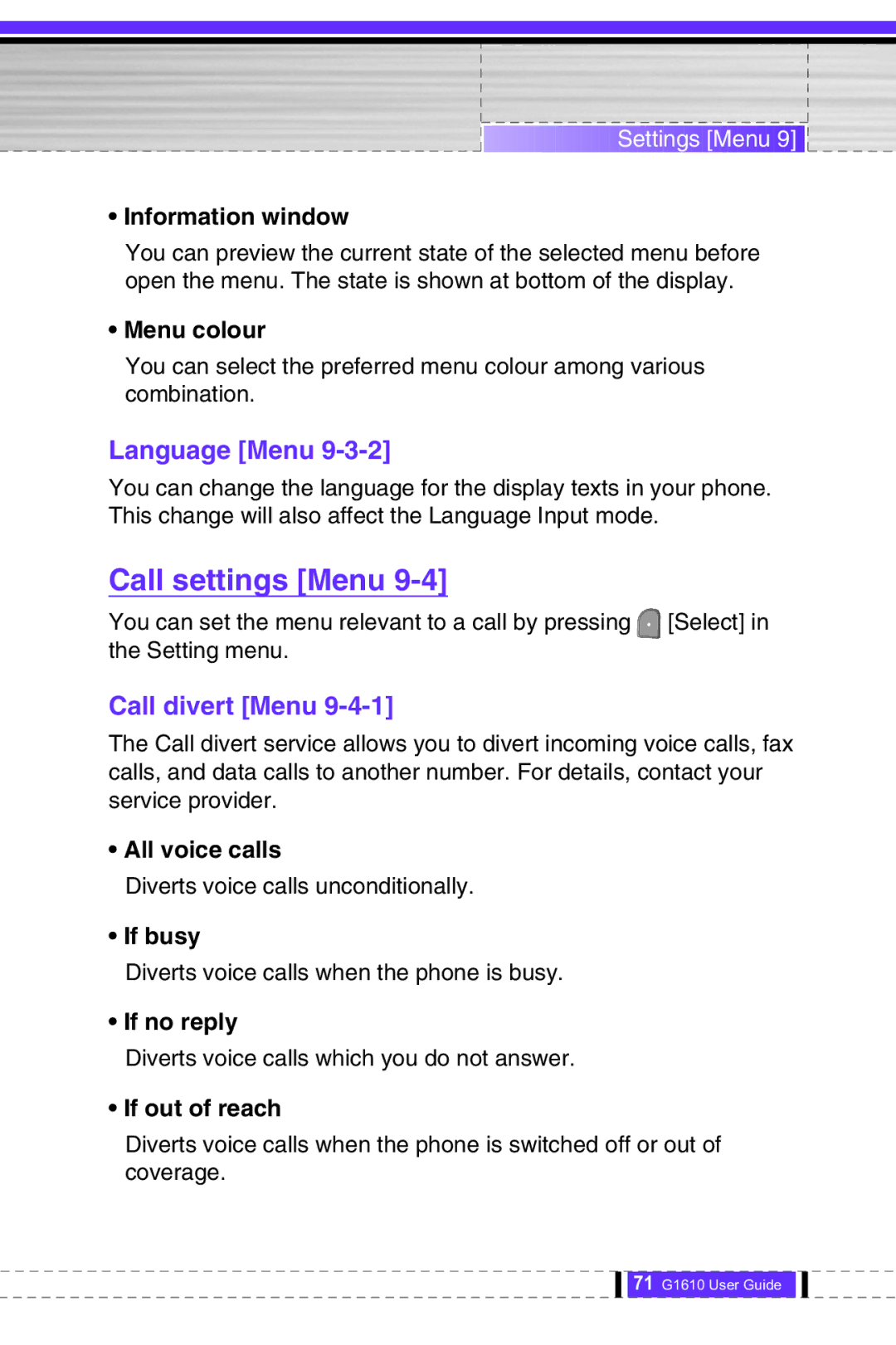 LG Electronics G1610 user manual Call settings Menu, Language Menu, Call divert Menu 