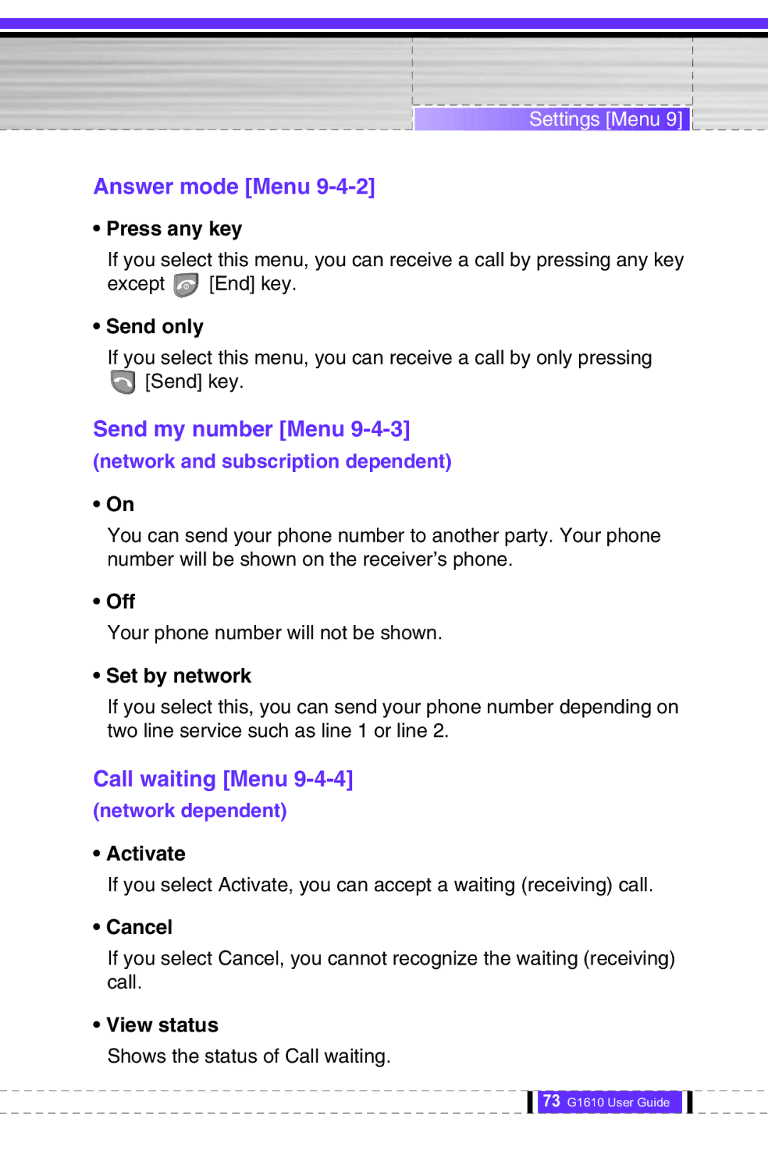 LG Electronics G1610 user manual Answer mode Menu, Send my number Menu, Call waiting Menu 