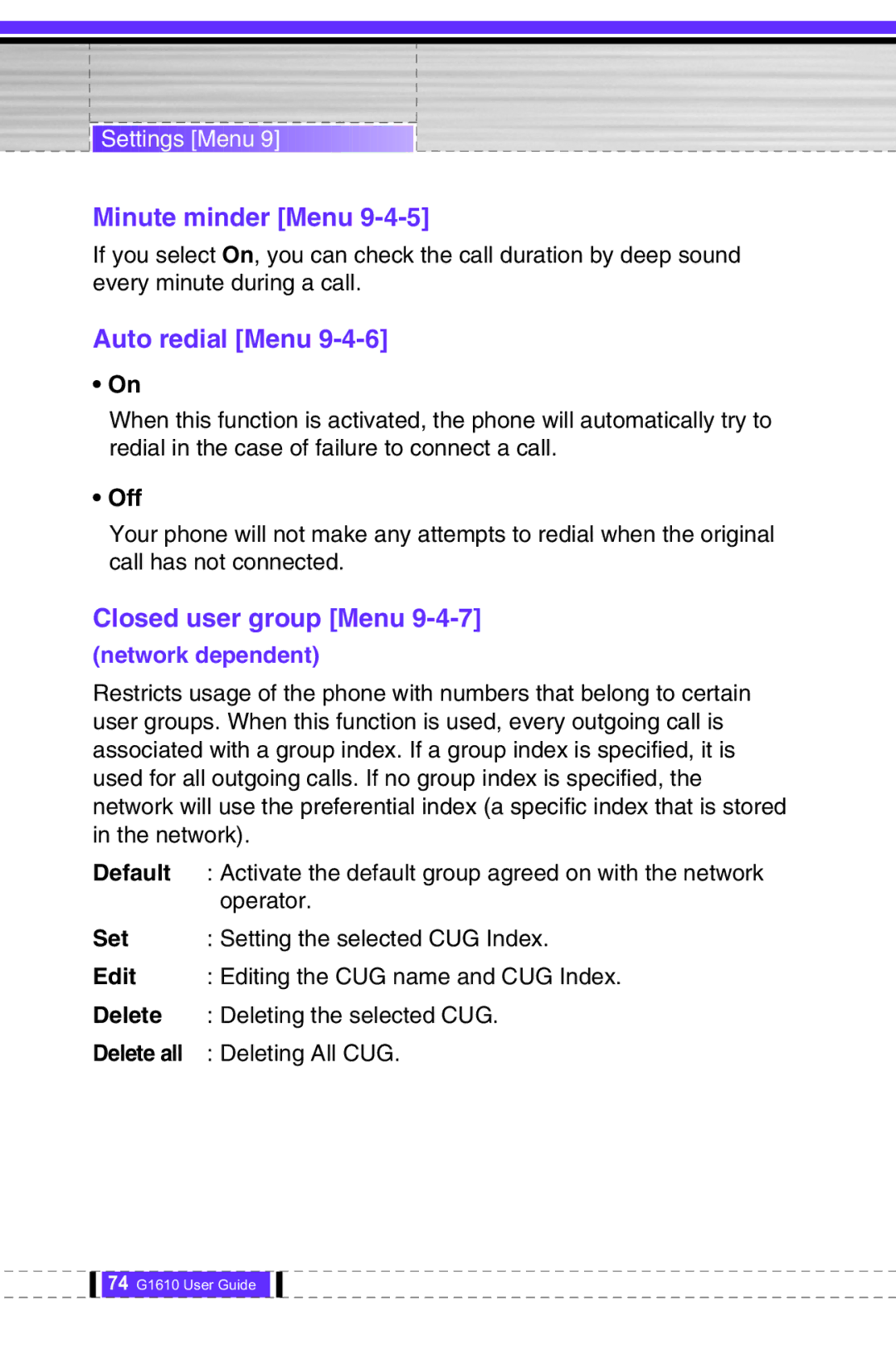 LG Electronics G1610 user manual Minute minder Menu, Auto redial Menu, Closed user group Menu 