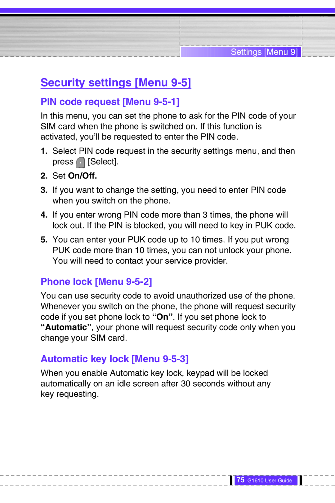 LG Electronics G1610 Security settings Menu, PIN code request Menu, Phone lock Menu, Automatic key lock Menu, Set On/Off 