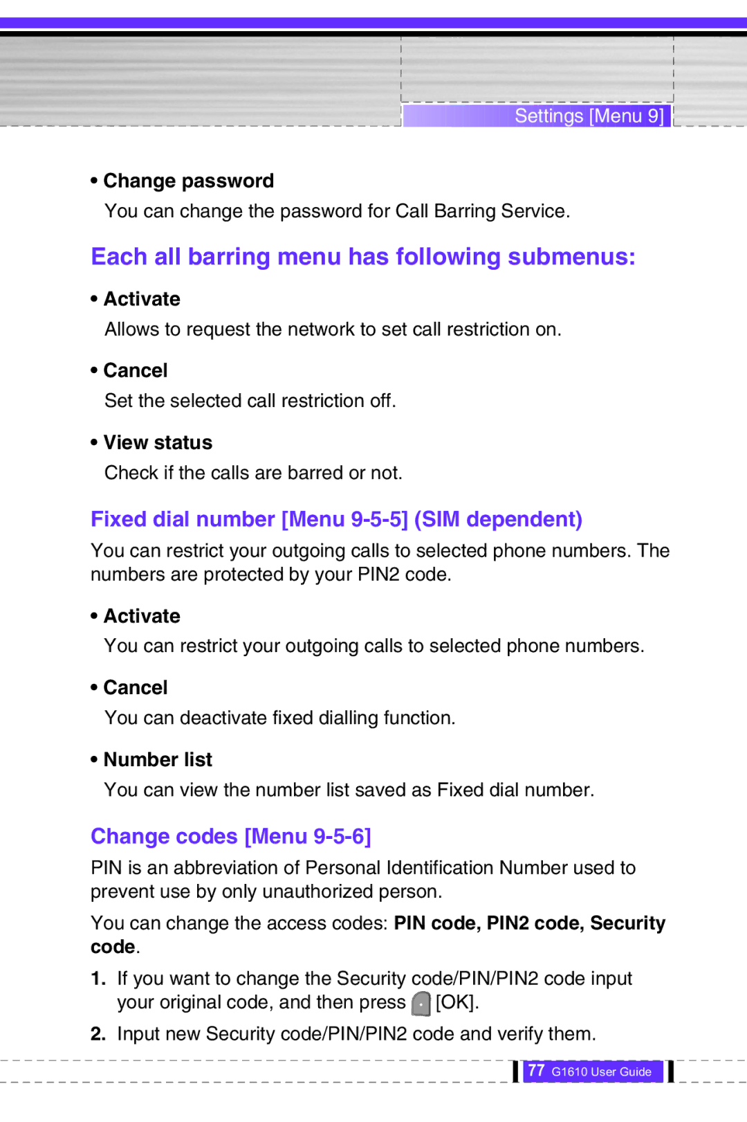 LG Electronics G1610 Fixed dial number Menu 9-5-5 SIM dependent, Change codes Menu, Change password, Number list 