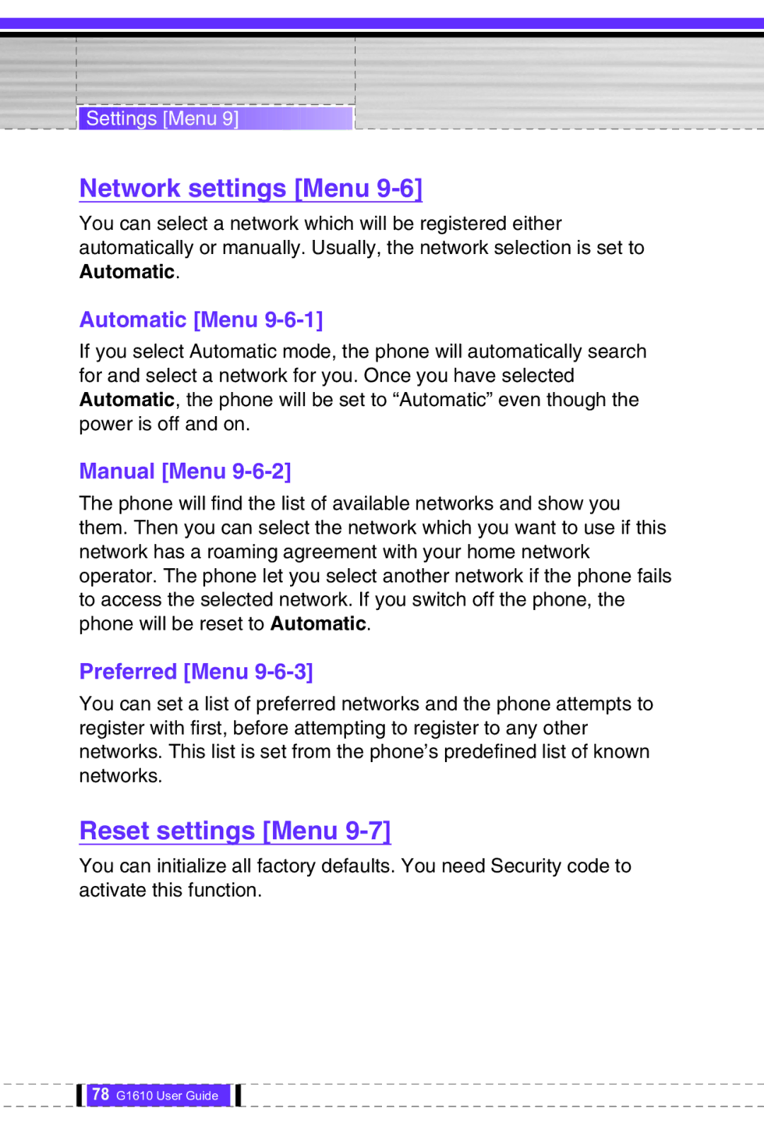 LG Electronics G1610 user manual Network settings Menu, Reset settings Menu, Automatic Menu, Manual Menu, Preferred Menu 