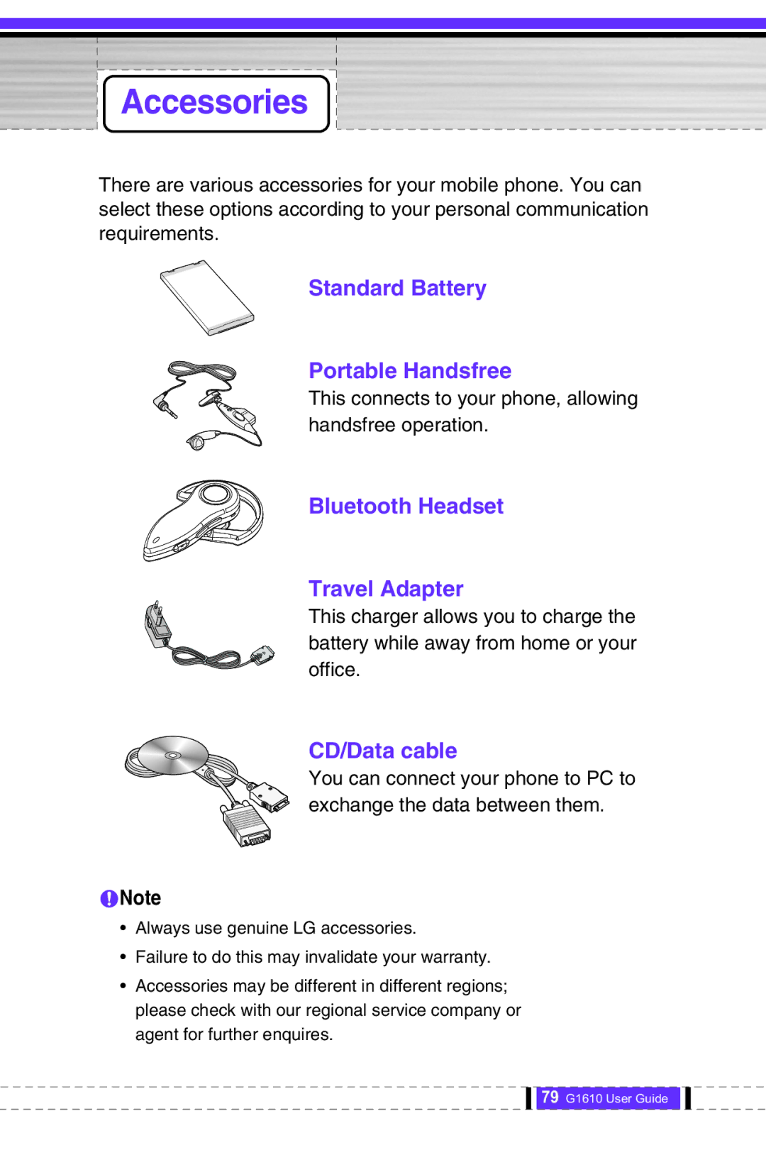 LG Electronics G1610 Accessories, Standard Battery Portable Handsfree, Bluetooth Headset Travel Adapter, CD/Data cable 