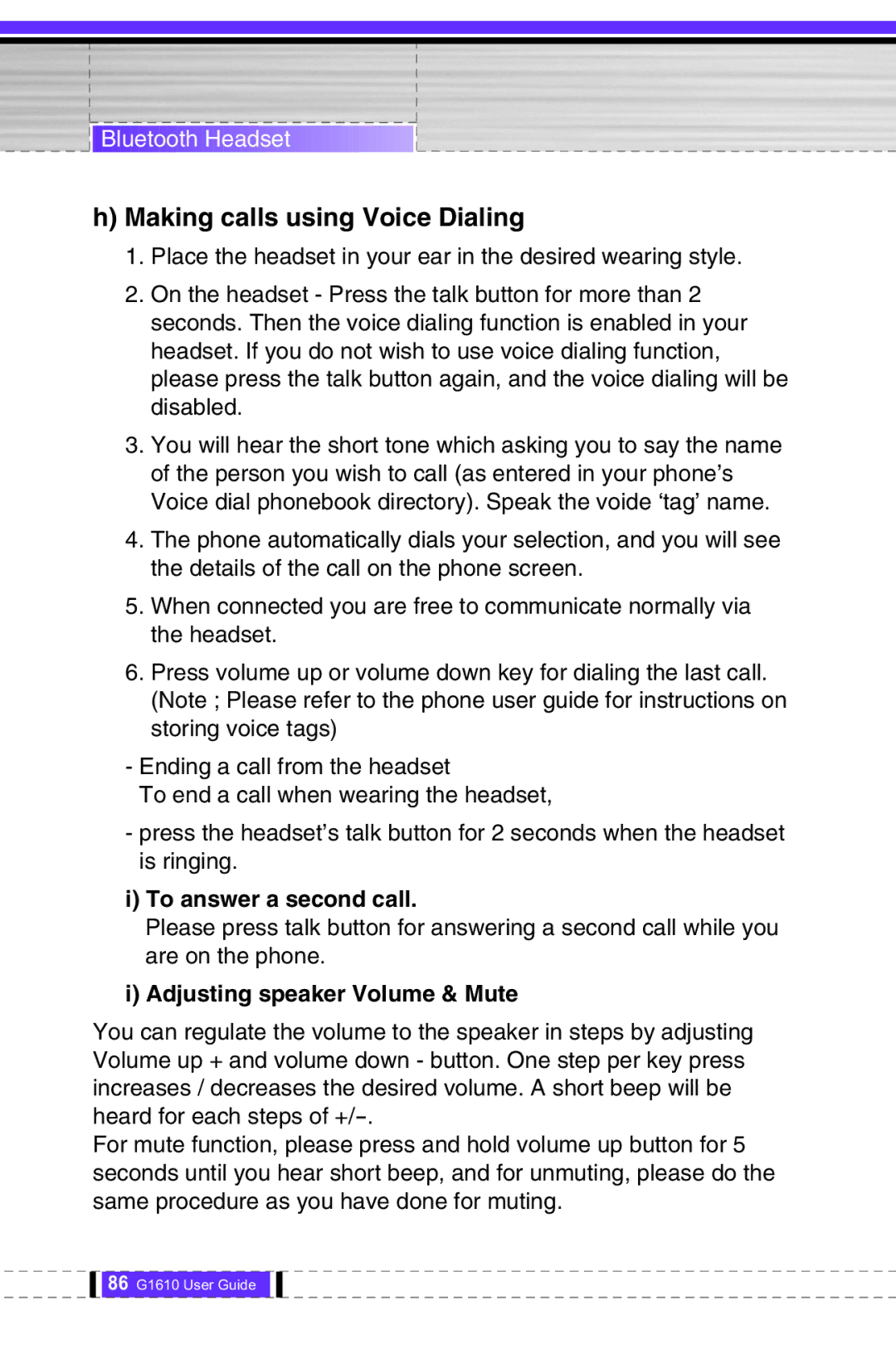 LG Electronics G1610 user manual To answer a second call, Adjusting speaker Volume & Mute 