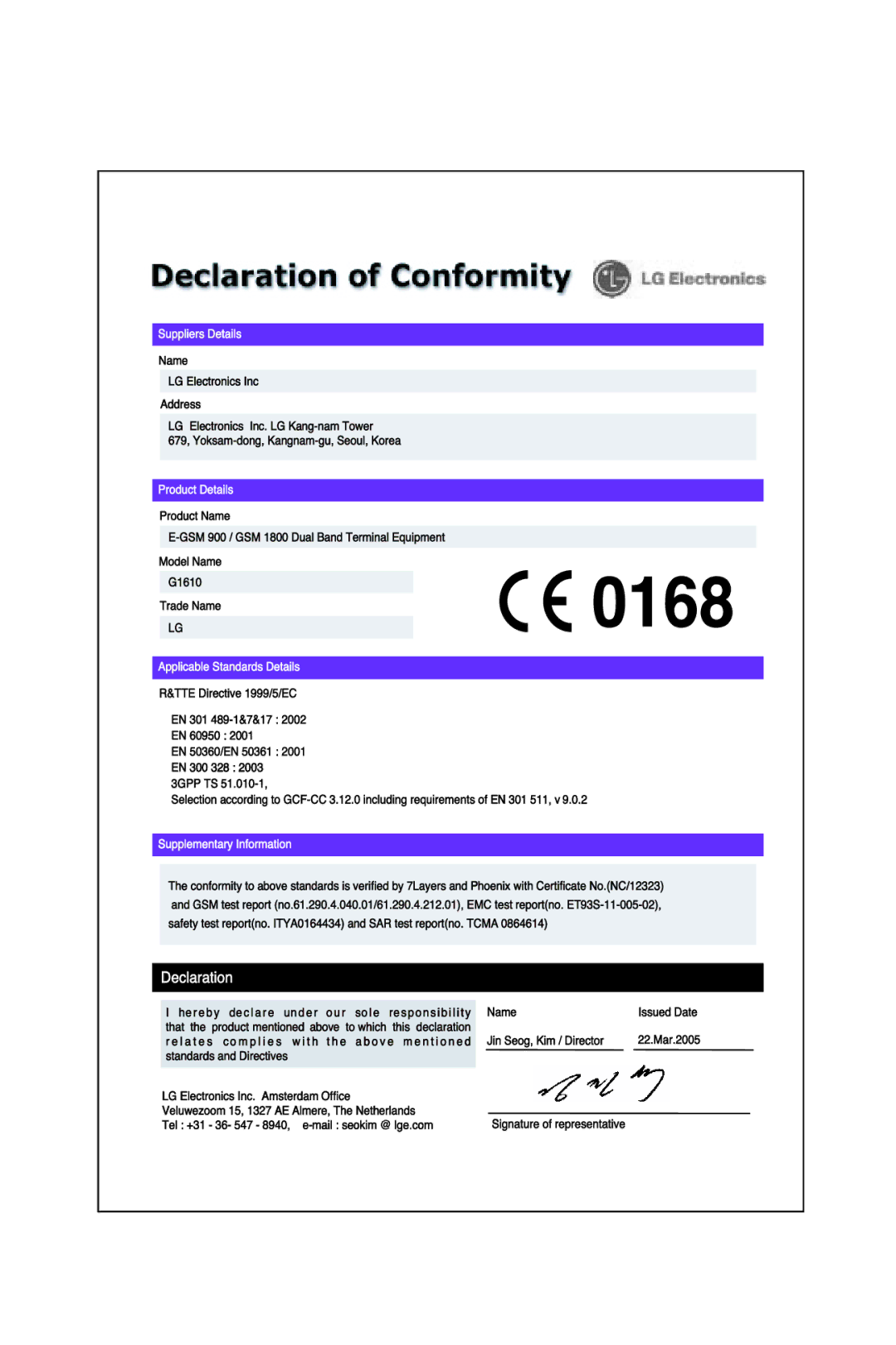 LG Electronics G1610 user manual 