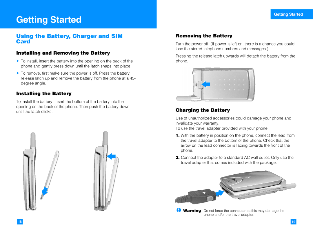 LG Electronics G4010 manual Getting Started, Using the Battery, Charger and SIM Card 