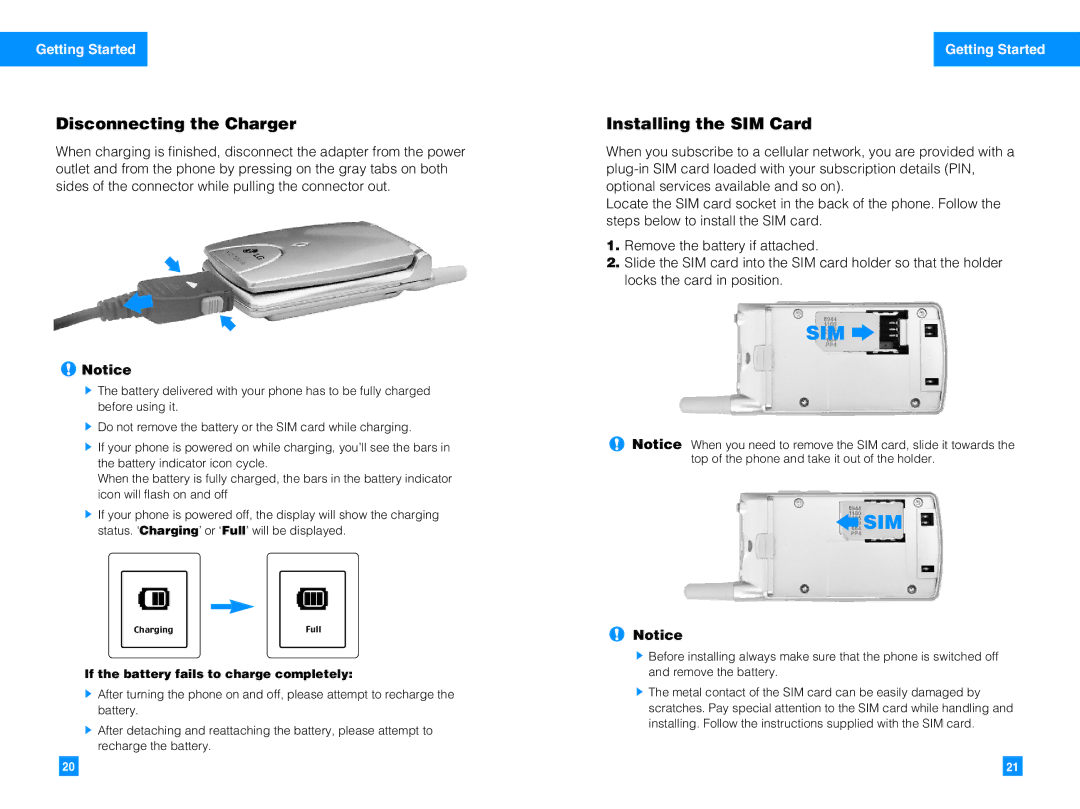 LG Electronics G4010 manual Disconnecting the Charger, Installing the SIM Card 