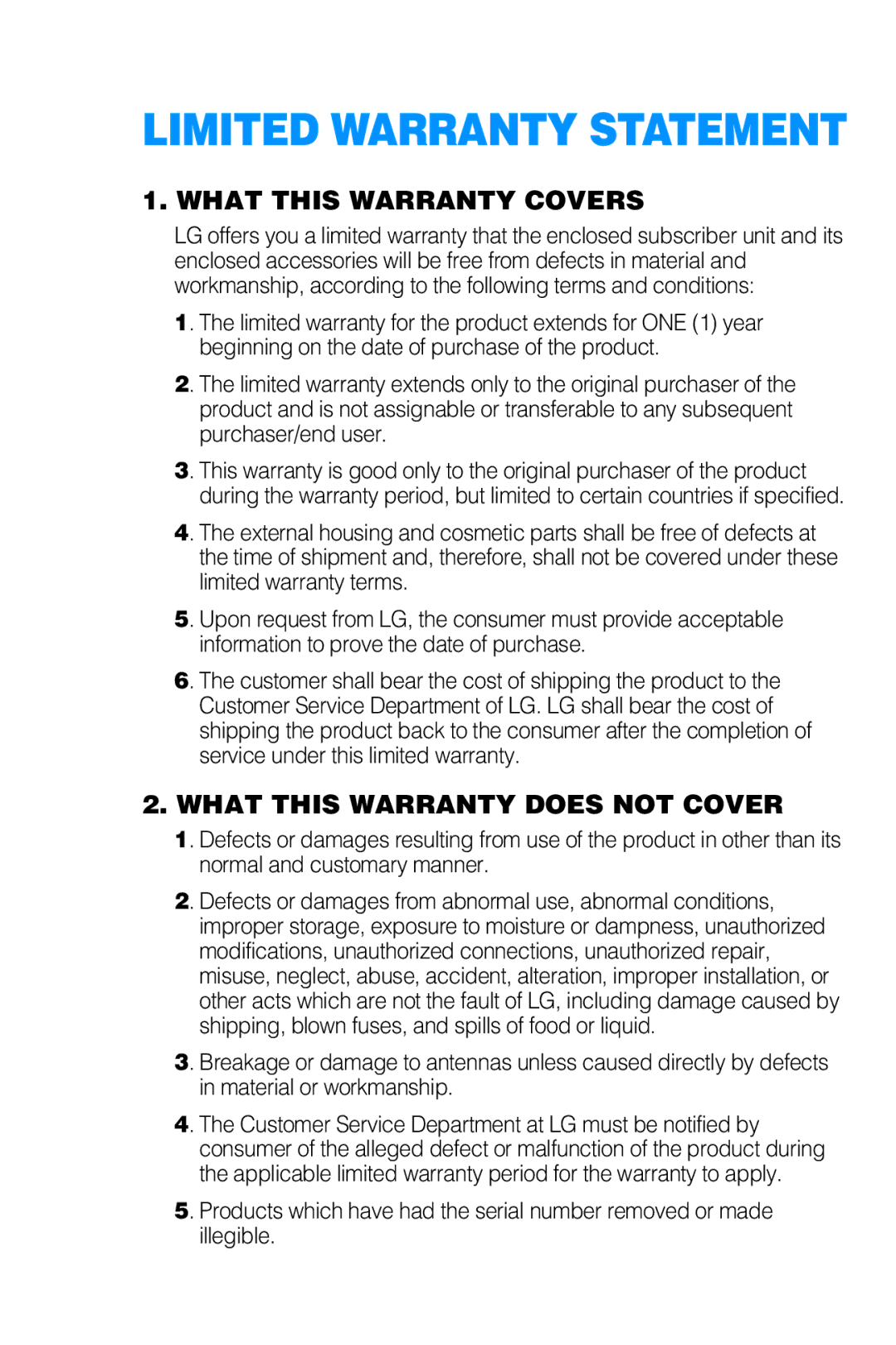 LG Electronics G4010 manual Limited Warranty Statement 