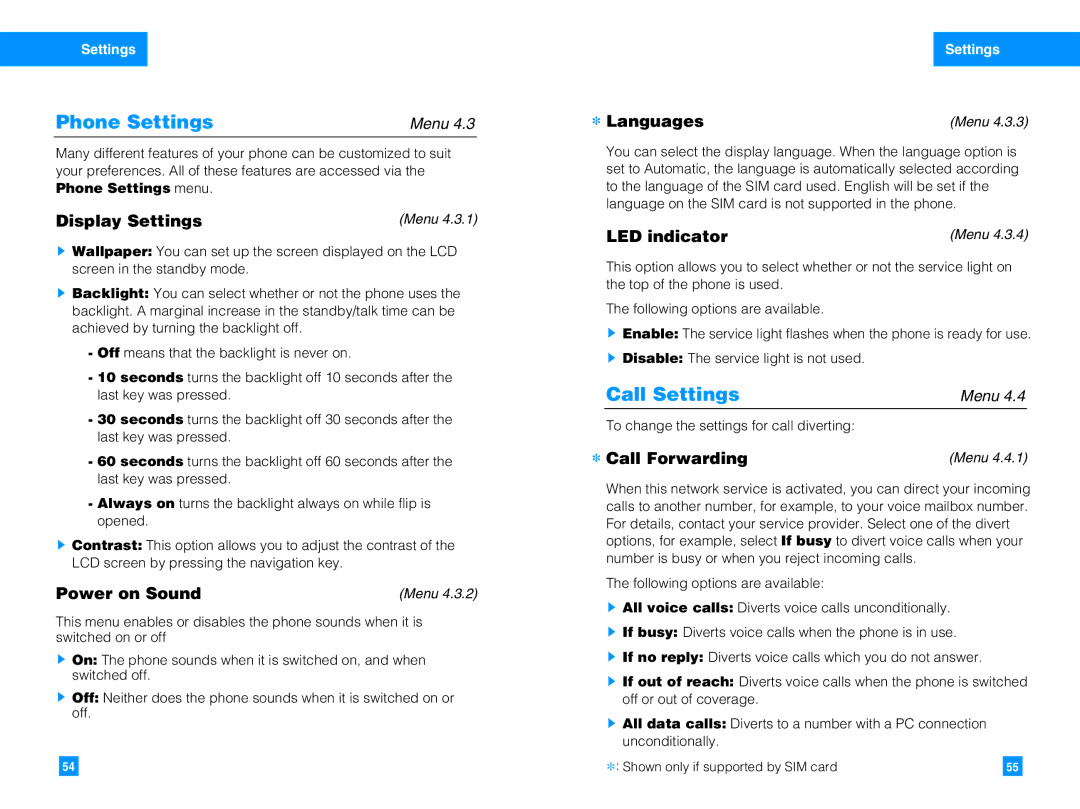 LG Electronics G4010 manual Phone Settings, Call Settings 