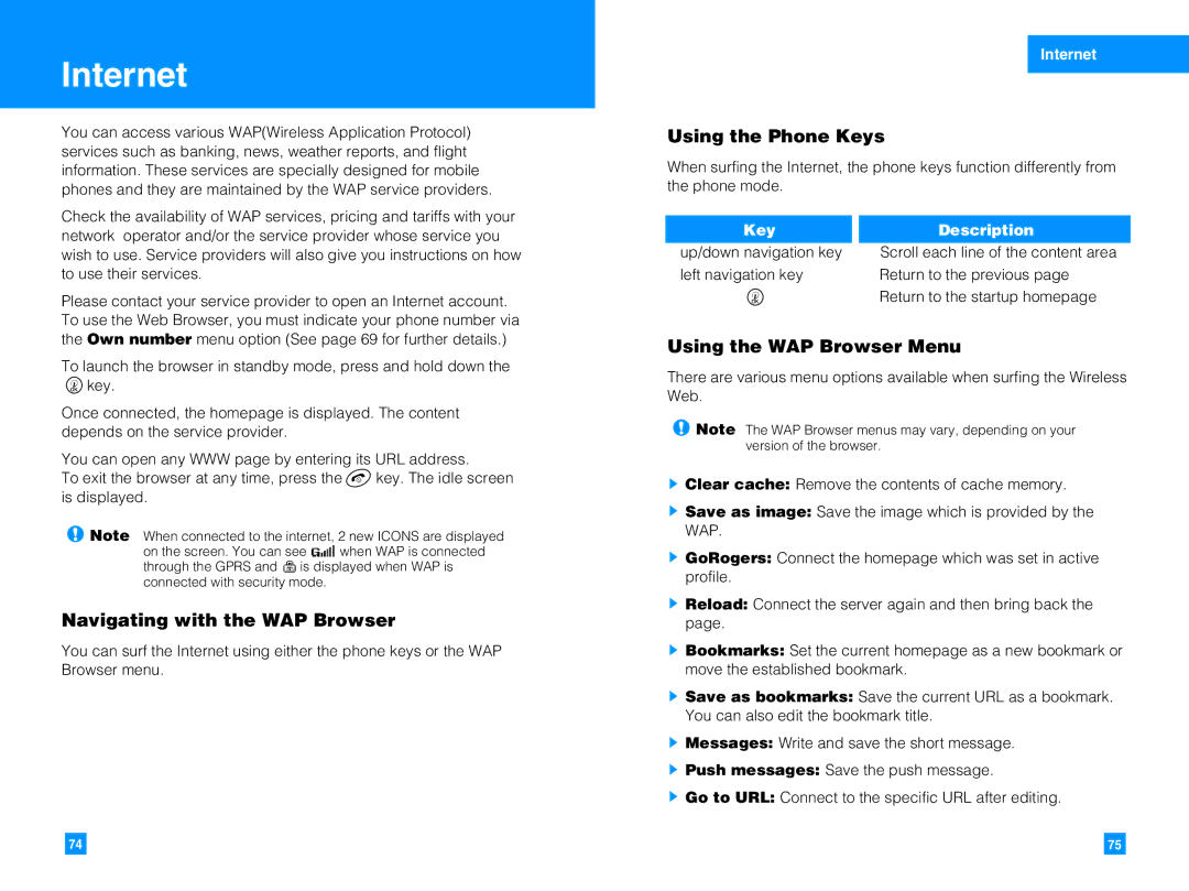 LG Electronics G4010 manual Internet, Navigating with the WAP Browser, Using the Phone Keys, Using the WAP Browser Menu 