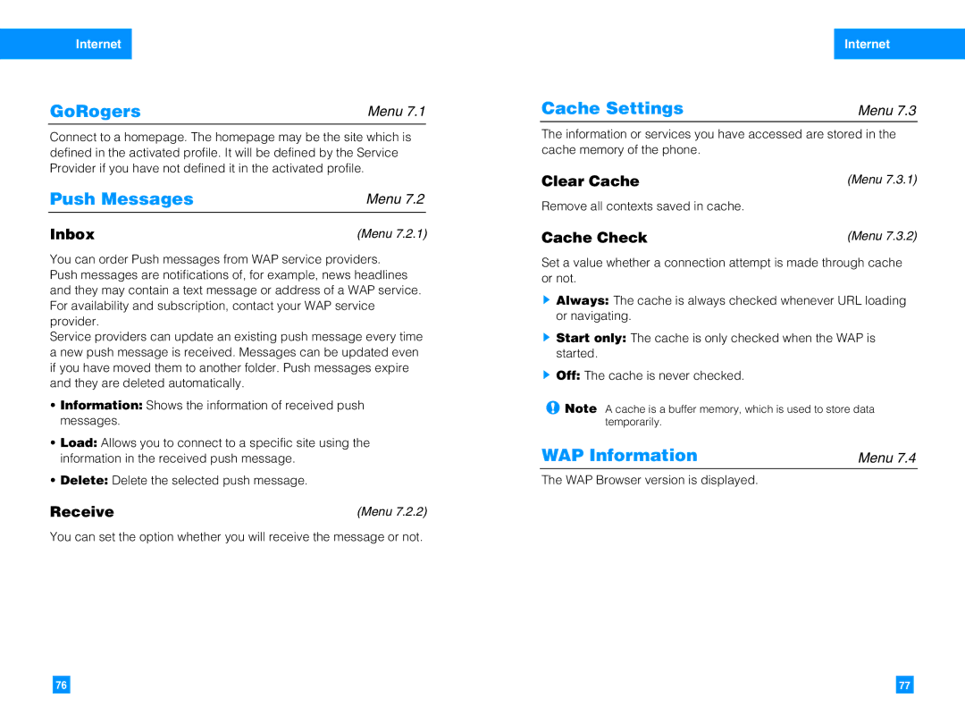 LG Electronics G4010 manual GoRogers, Push Messages, Cache Settings, WAP Information 