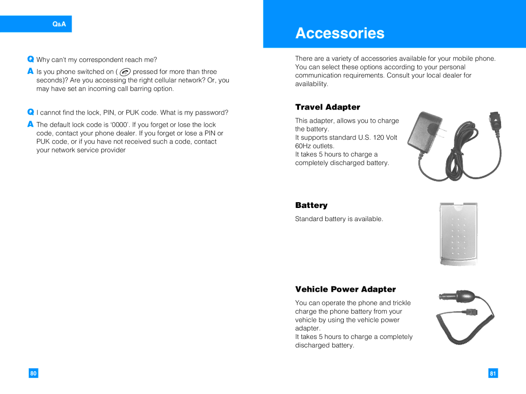 LG Electronics G4010 manual Accessories, Travel Adapter, Battery, Vehicle Power Adapter 