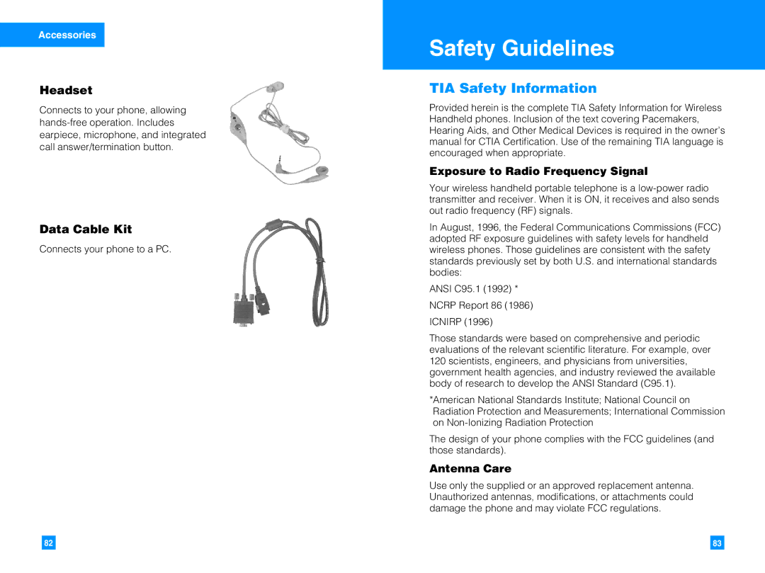 LG Electronics G4010 manual Safety Guidelines, TIA Safety Information, Headset, Data Cable Kit 