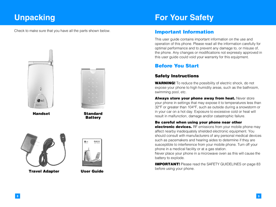 LG Electronics G4010 manual Unpacking, For Your Safety, Important Information, Before You Start, Safety Instructions 