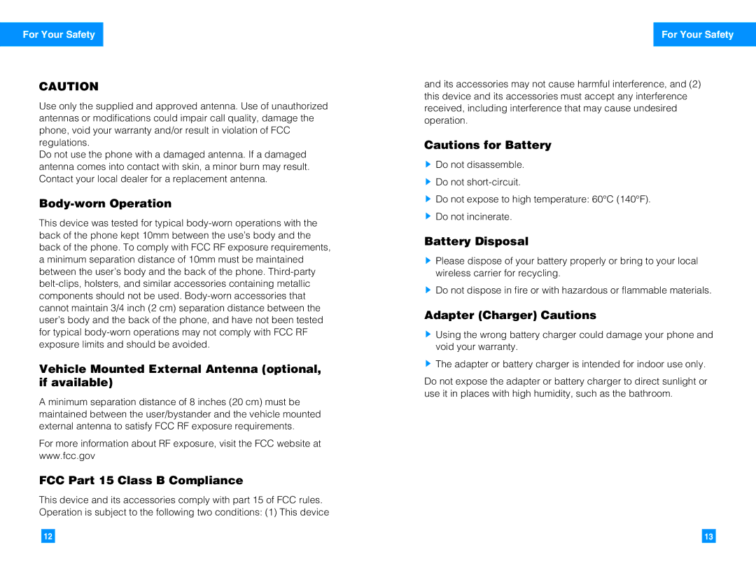 LG Electronics G4010 manual Body-worn Operation, Vehicle Mounted External Antenna optional, if available, Battery Disposal 