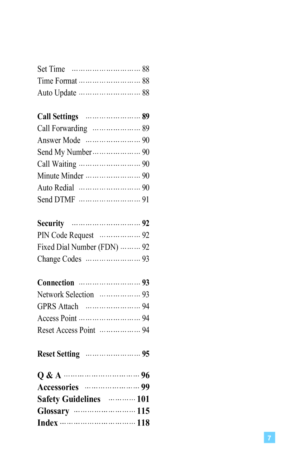 LG Electronics G4015 manual Accessories Safety Guidelines 101 Glossary 115 Index 118, Call Settings 