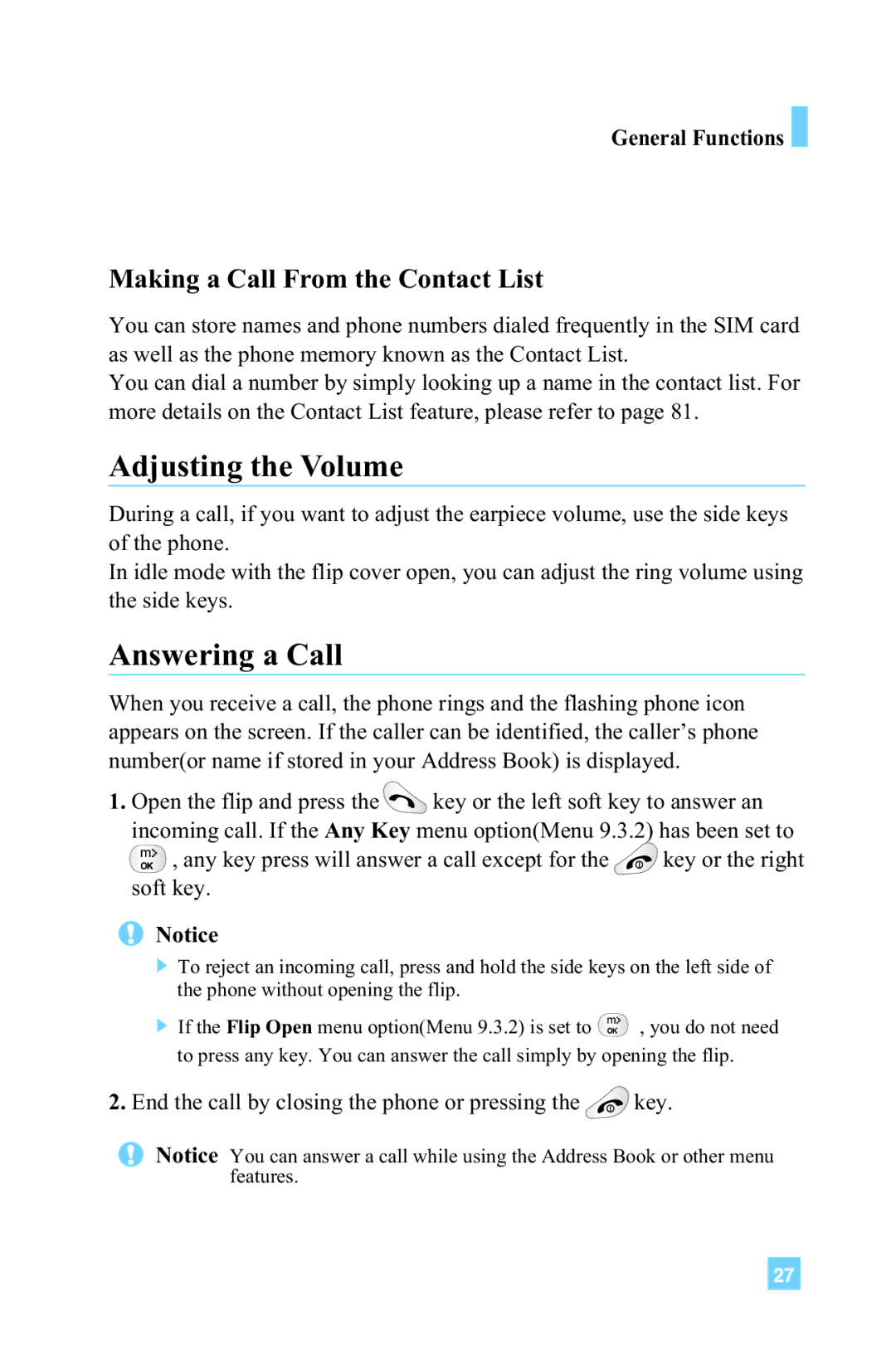 LG Electronics G4015 manual Adjusting the Volume, Answering a Call, Making a Call From the Contact List, General Functions 