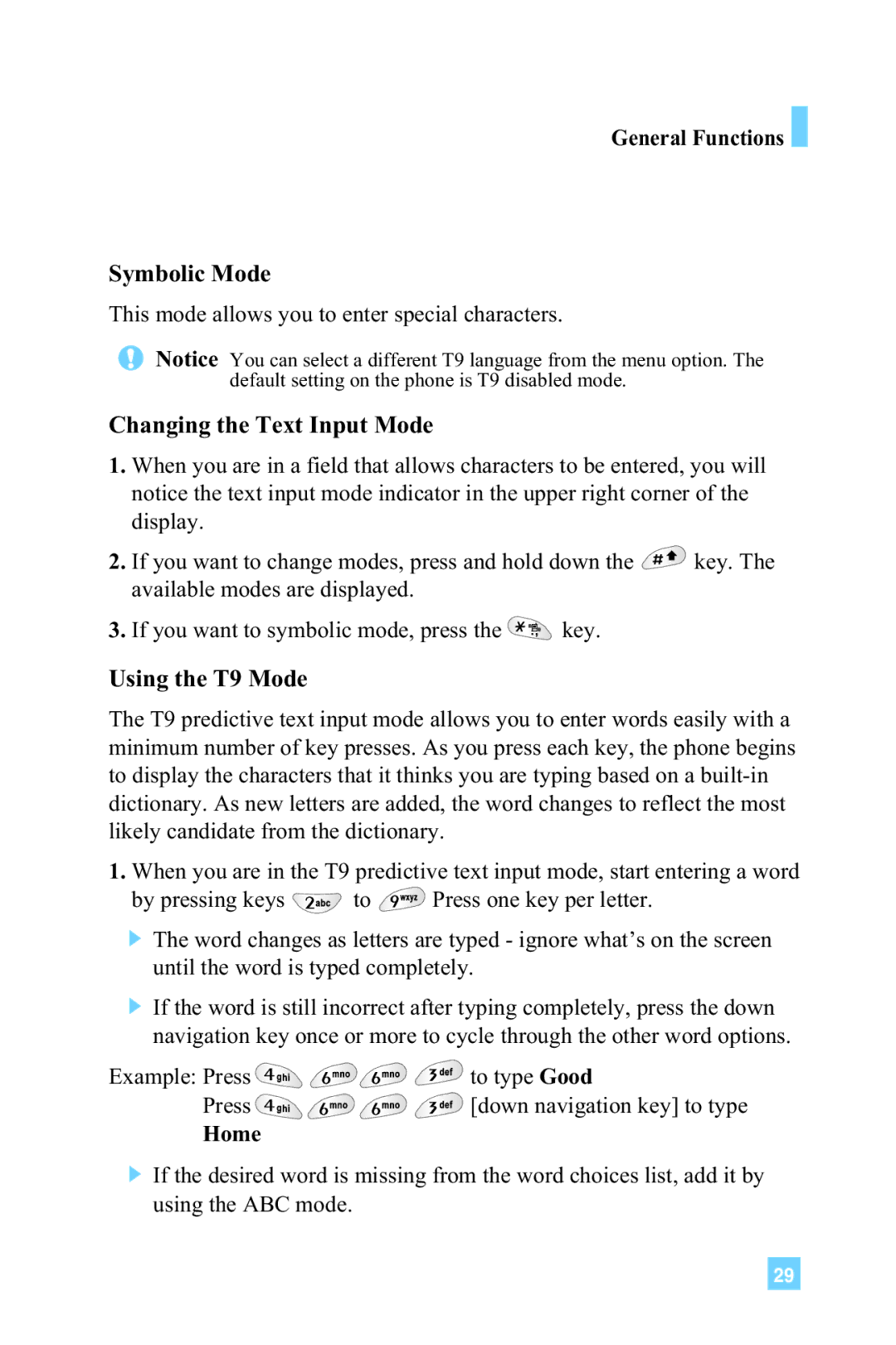 LG Electronics G4015 manual General Functions Symbolic Mode, Changing the Text Input Mode, Using the T9 Mode, Home 