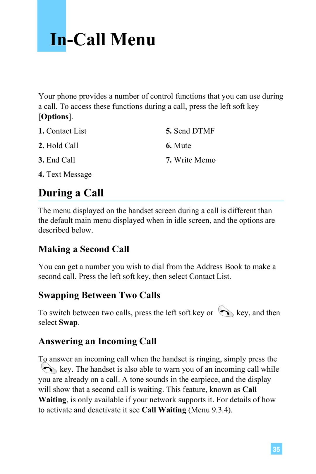 LG Electronics G4015 manual In-Call Menu, During a Call, Making a Second Call, Swapping Between Two Calls 