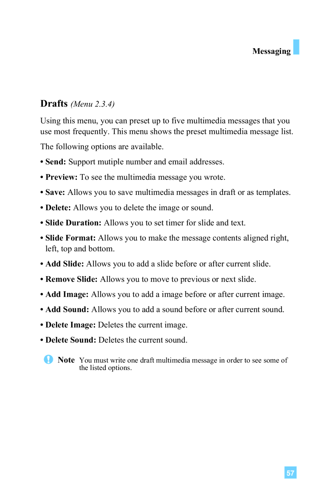 LG Electronics G4015 manual Drafts Menu 